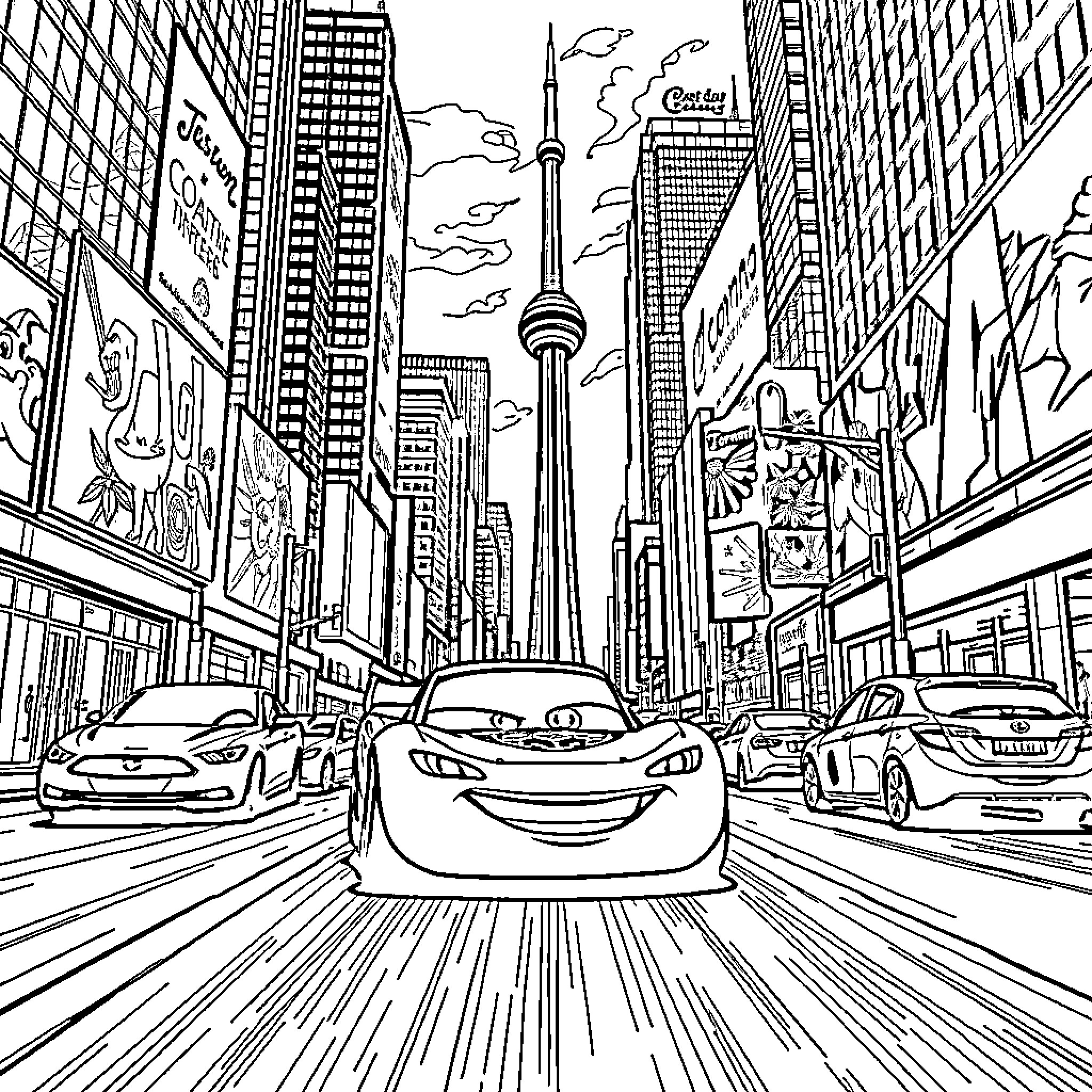 Lightning McQueen racing through the bustling city streets Coloring Page (free black-and-white line drawing printable PDF for all, from beginners to advanced learners, including children, teens, adults, and seniors)