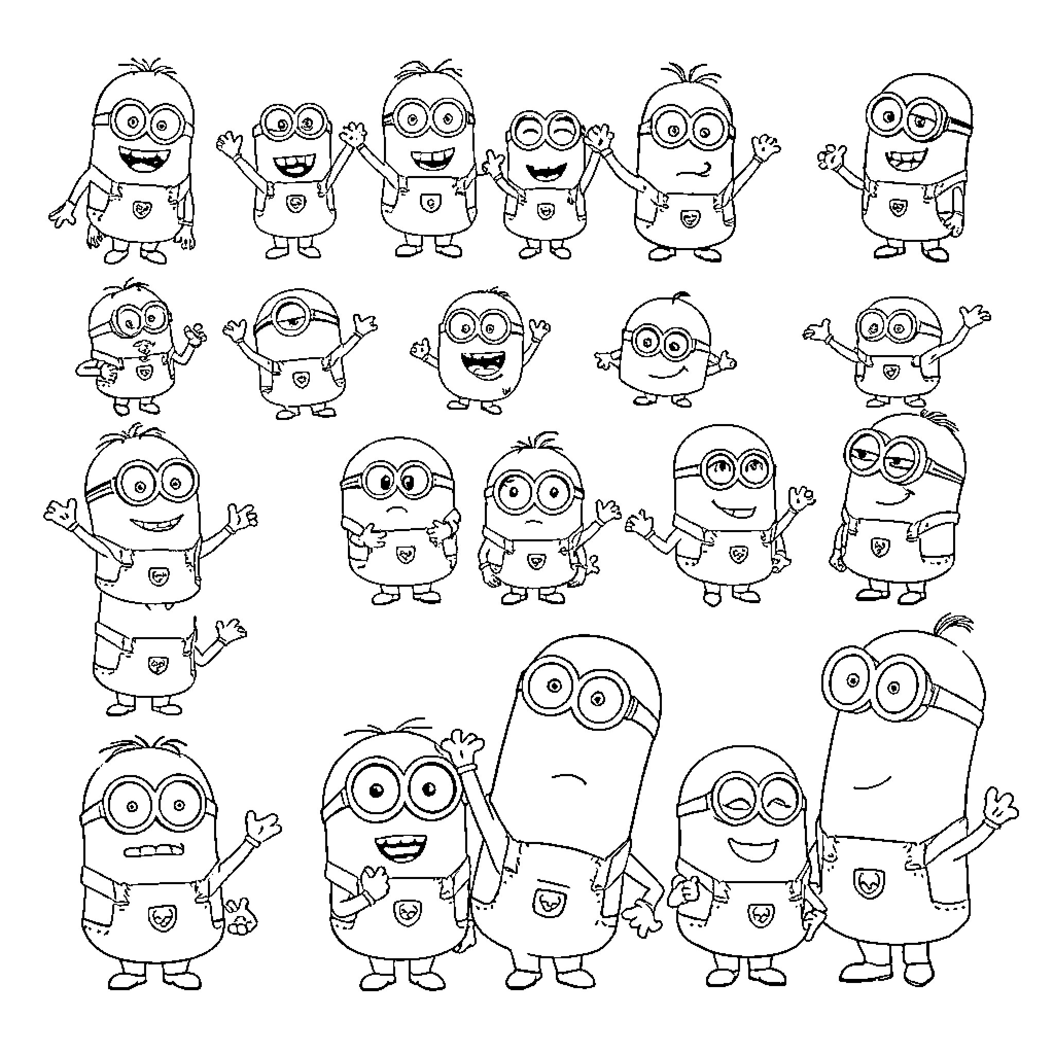 Minions in Various Poses and Expressions Coloring Page (free black-and-white line drawing printable PDF for all, from beginners to advanced learners, including children, teens, adults, and seniors)