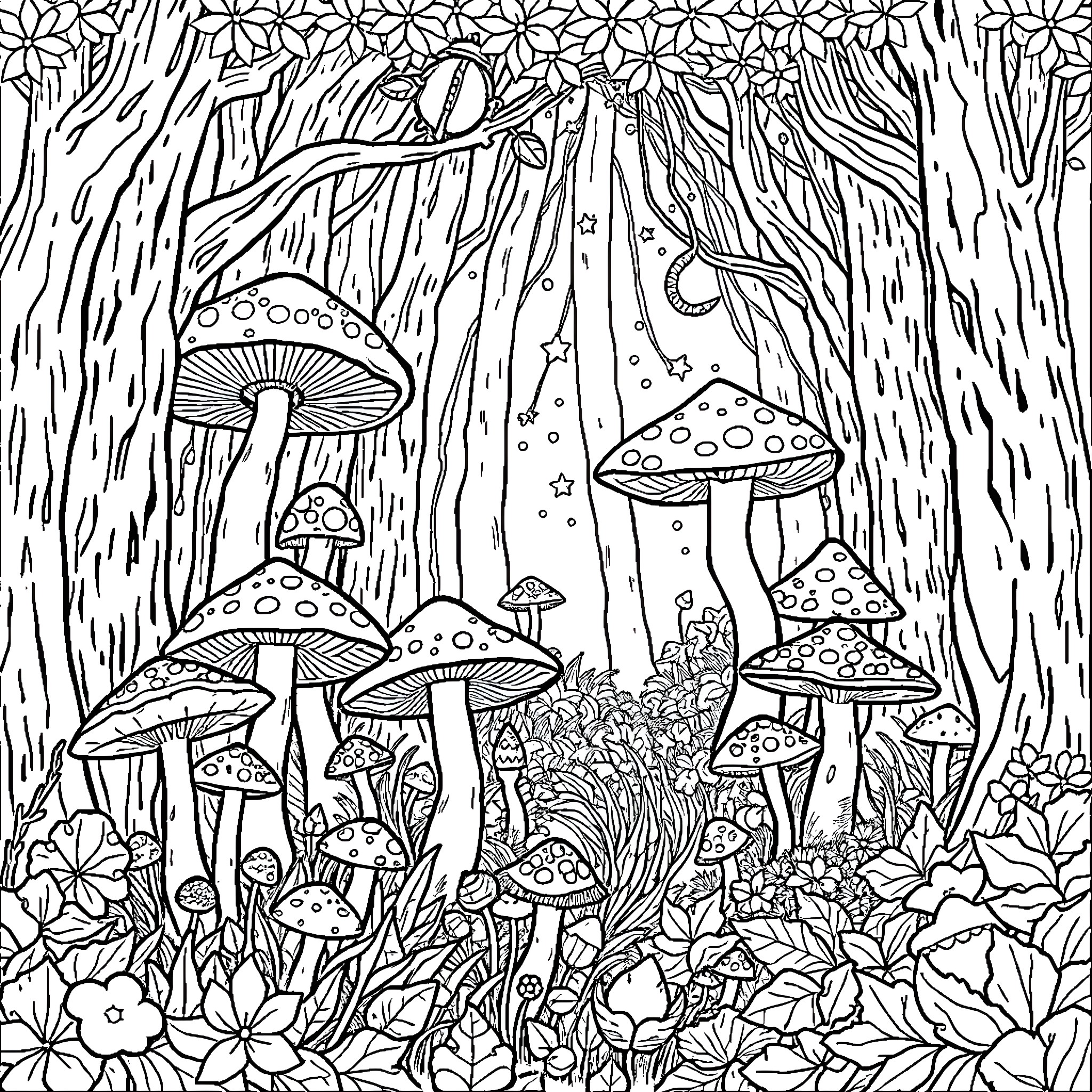 Mushroom Fantasy Forest with Whimsical Fungi Coloring Page (free black-and-white line drawing printable PDF for all, from beginners to advanced learners, including children, teens, adults, and seniors)