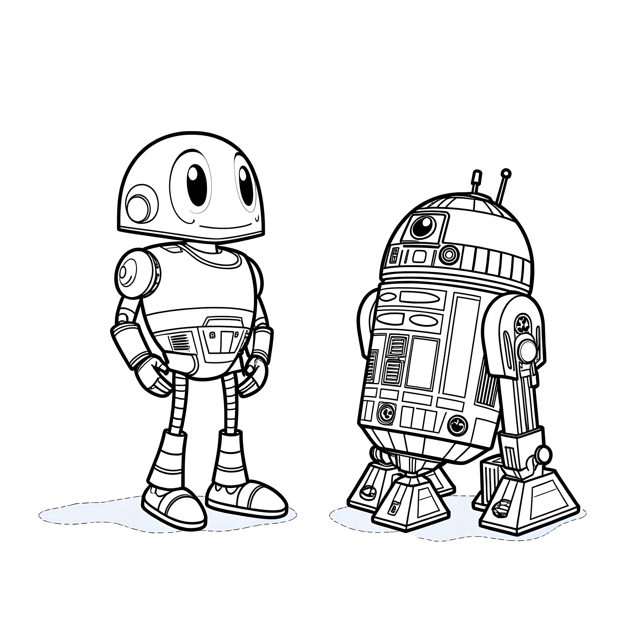 R2D2 and his robot companion on an adventure Coloring Page (free black-and-white line drawing printable PDF for all, from beginners to advanced learners, including children, teens, adults, and seniors)