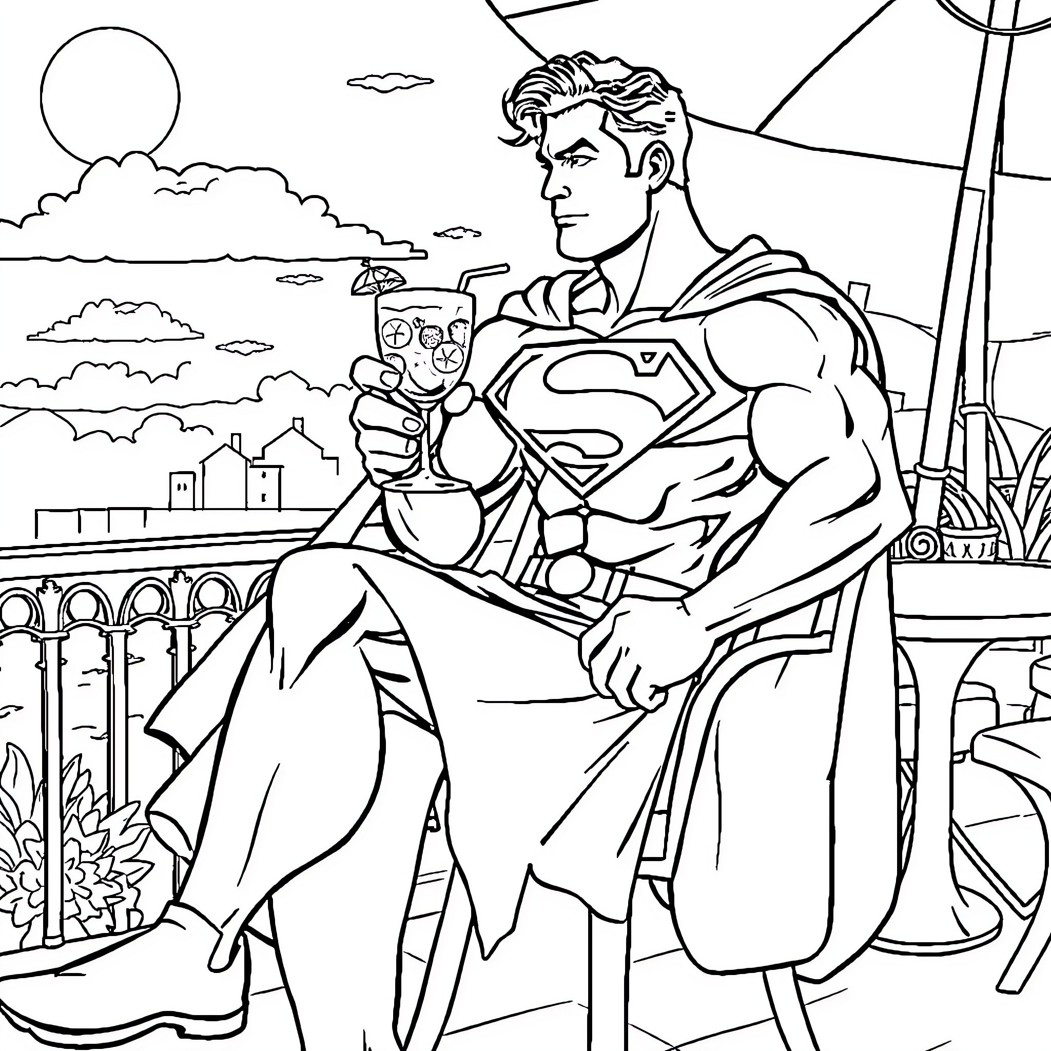 Superman in heroic pose with cityscape backdrop Coloring Page (free black-and-white line drawing printable PDF for all, from beginners to advanced learners, including children, teens, adults, and seniors)