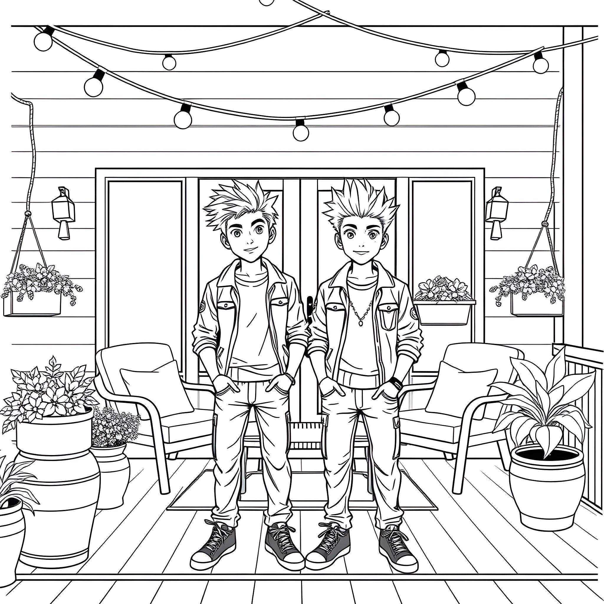 Teen Guy Anime Characters in Cozy Room Coloring Page (free black-and-white line drawing printable PDF for all, from beginners to advanced learners, including children, teens, adults, and seniors)