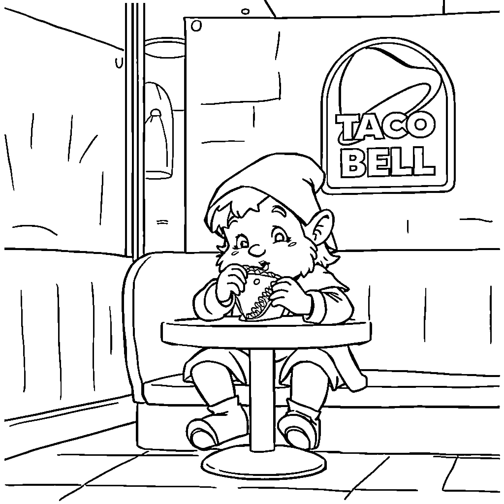 Hobbit dining at Taco Bell Coloring Page (free black-and-white line drawing printable PDF for all, from beginners to advanced learners, including children, teens, adults, and seniors)