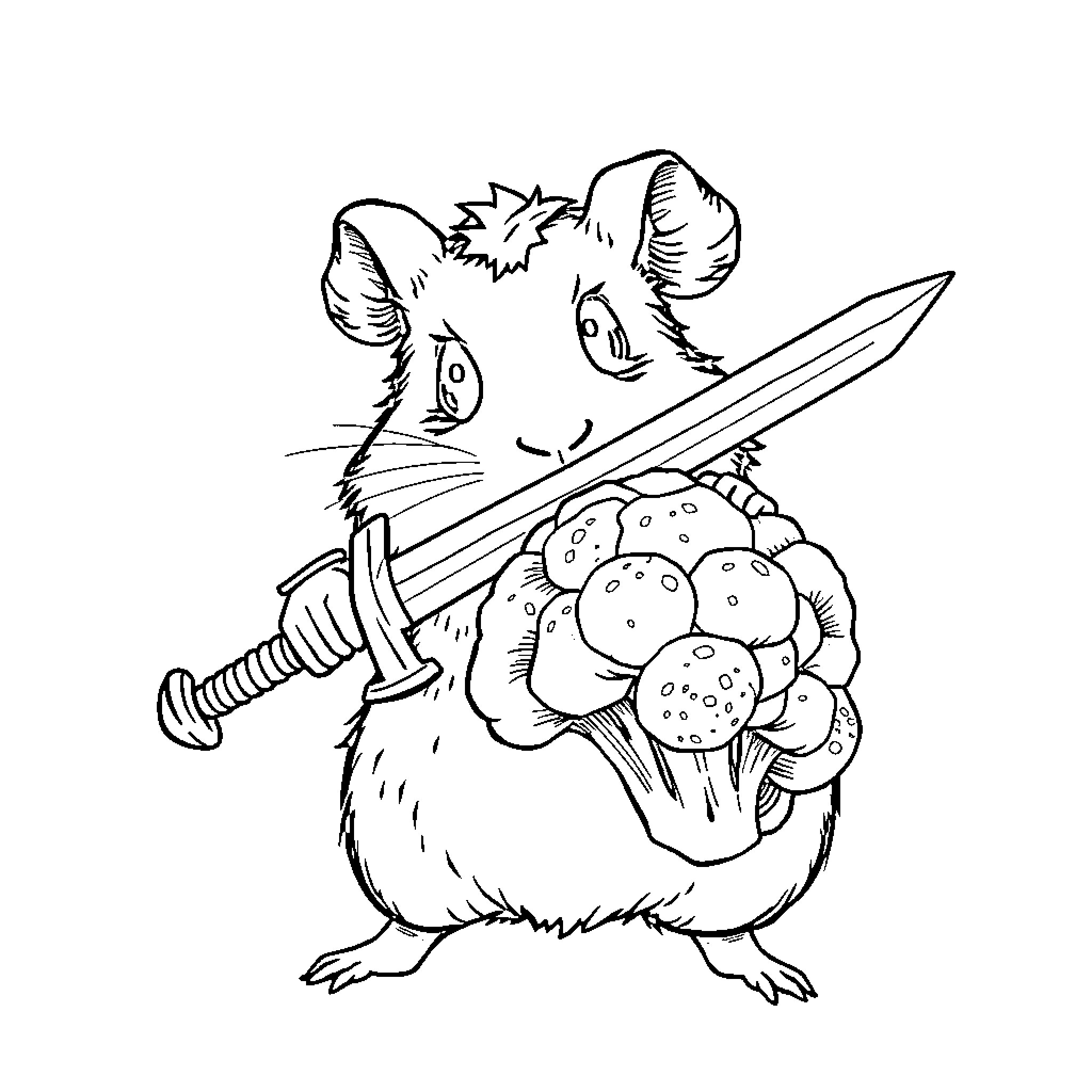 Guinea Pig Warrior Wielding a Sword Coloring Page (free black-and-white line drawing printable PDF for all, from beginners to advanced learners, including children, teens, adults, and seniors)