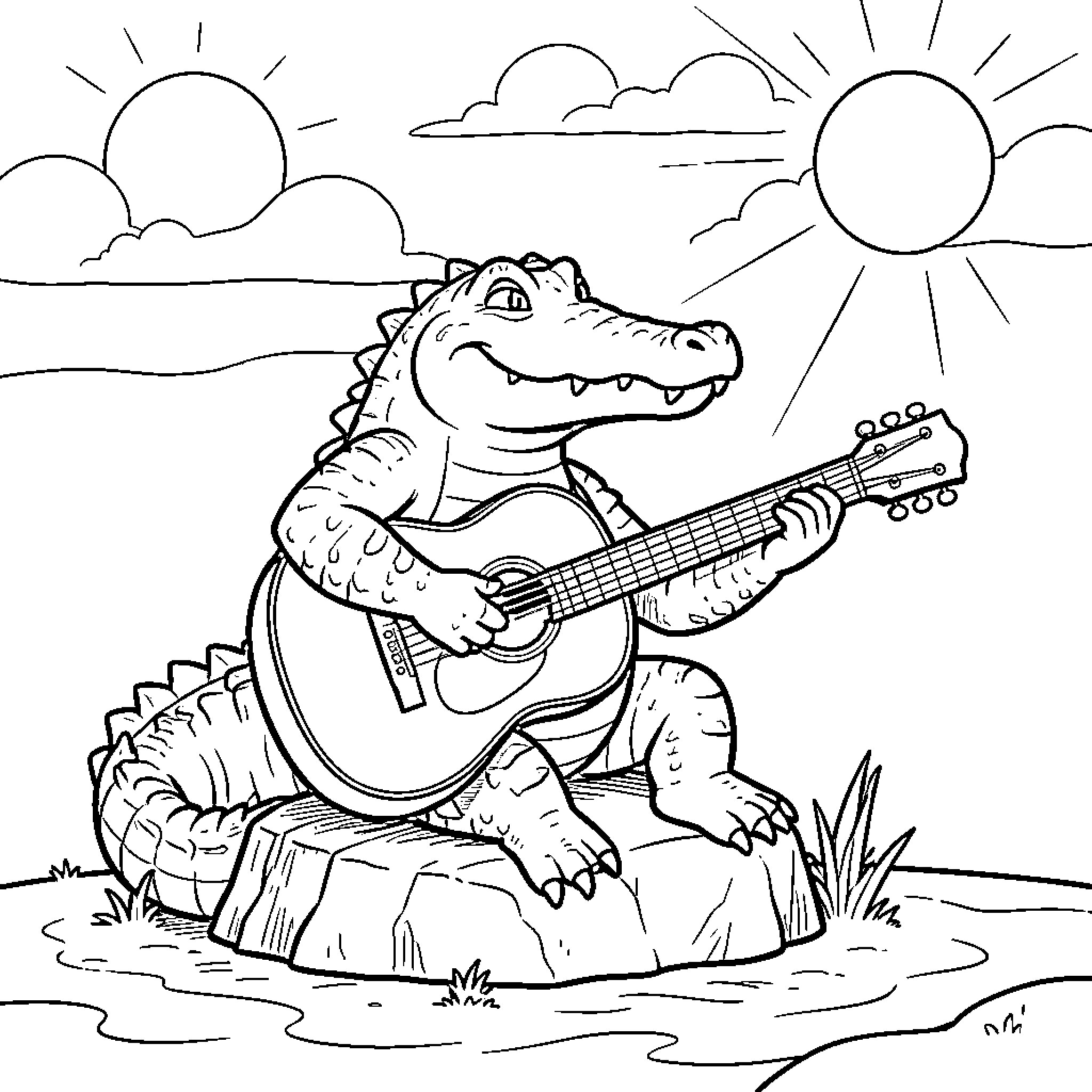 Crocodile playing guitar by the lake Coloring Page (free black-and-white line drawing printable PDF for all, from beginners to advanced learners, including children, teens, adults, and seniors)