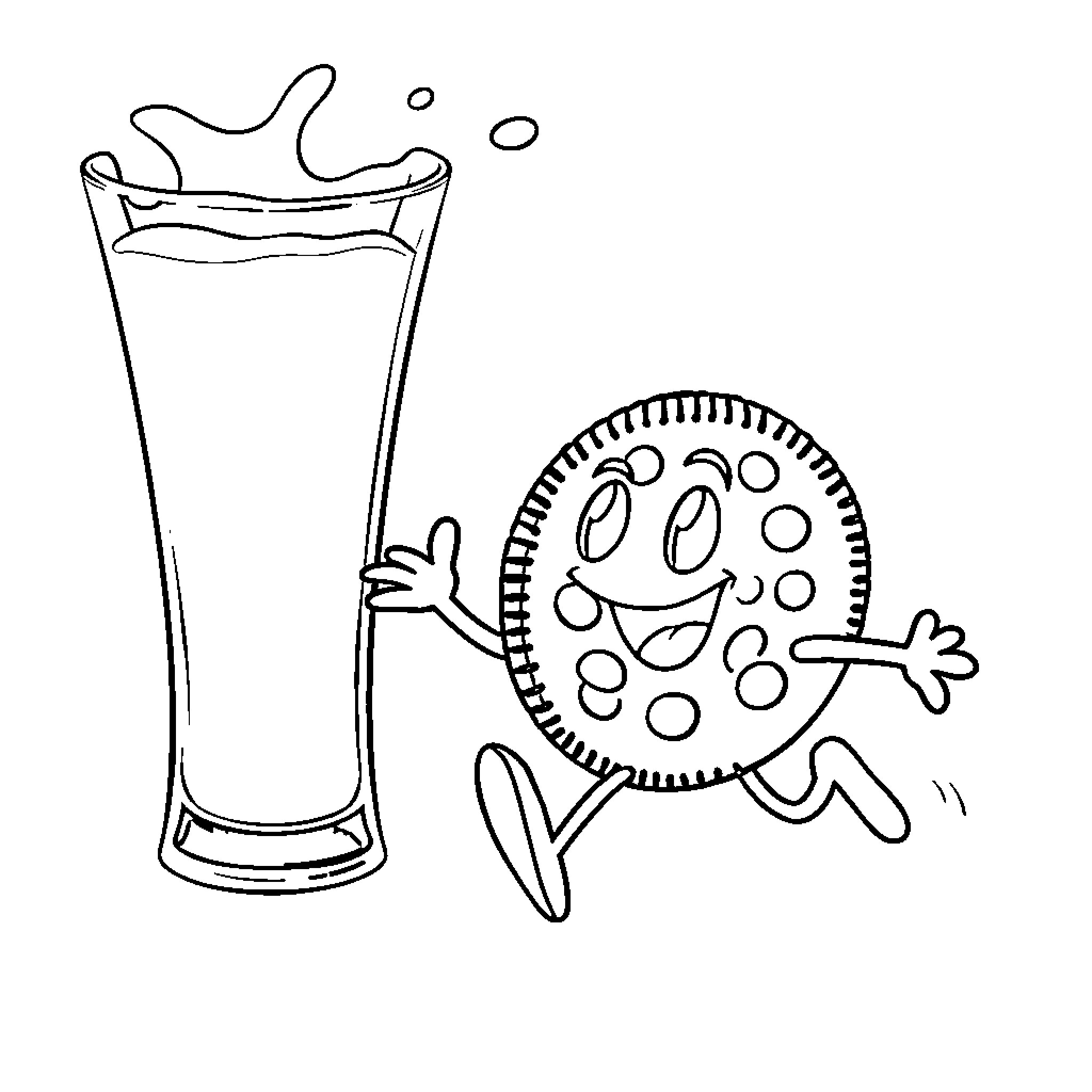 Cookie character splashing in drink Coloring Page (free black-and-white line drawing printable PDF for all, from beginners to advanced learners, including children, teens, adults, and seniors)