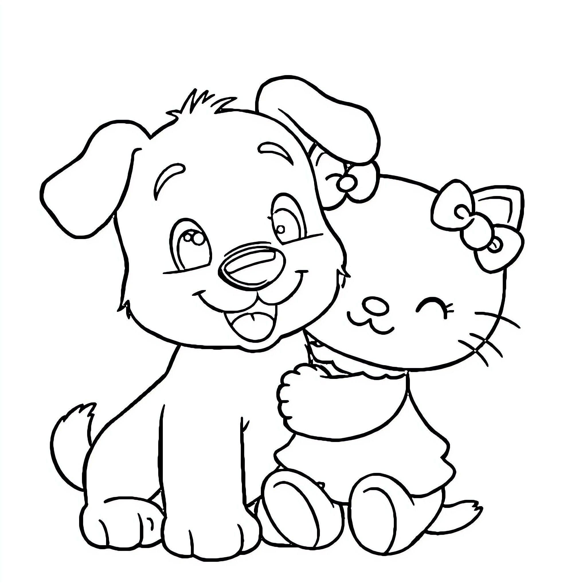 Bluey and Bingo Happily Playing Together Coloring Page (free black-and-white line drawing printable PDF for all, from beginners to advanced learners, including children, teens, adults, and seniors)