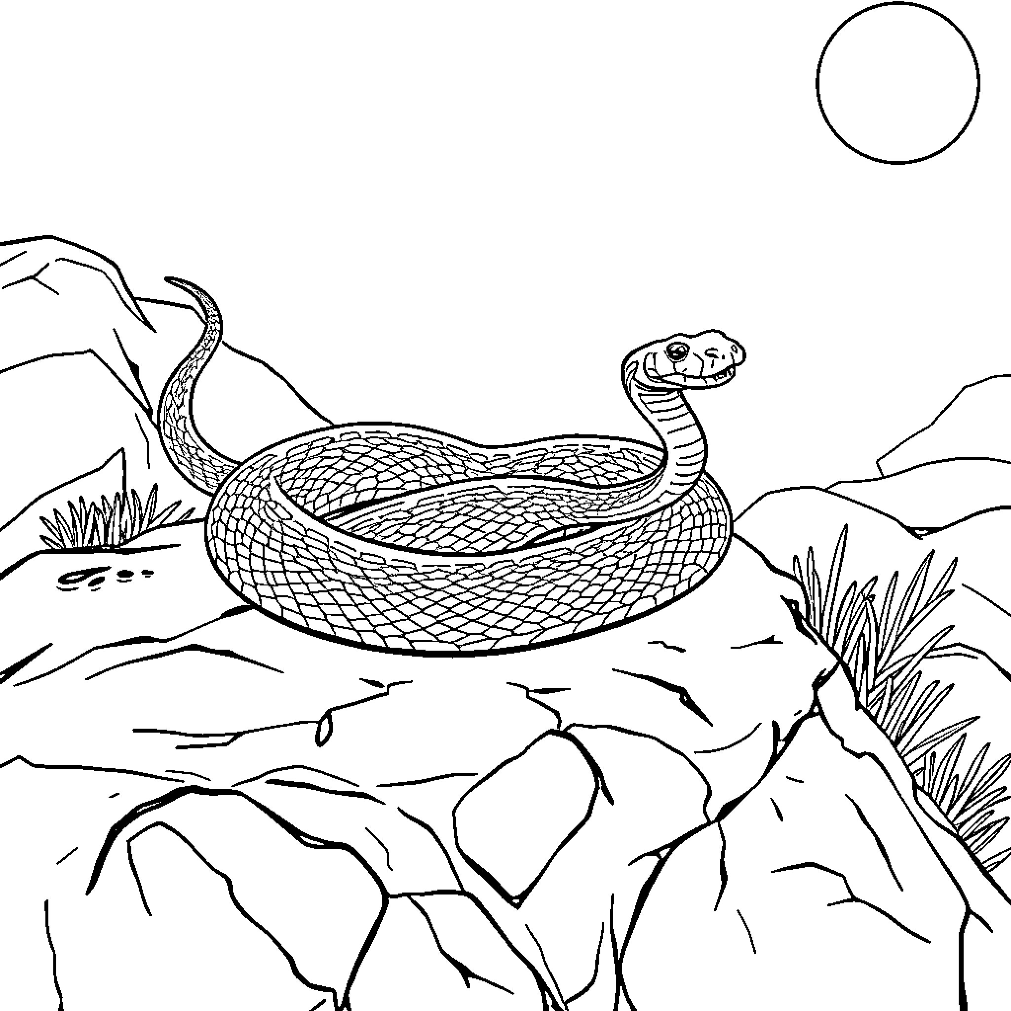 Rattlesnake slithering on rocky terrain Coloring Page (free black-and-white line drawing printable PDF for all, from beginners to advanced learners, including children, teens, adults, and seniors)