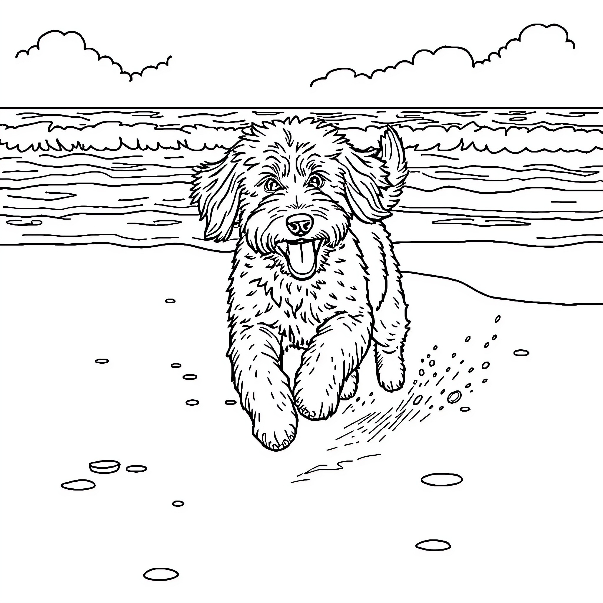 Goldendoodle playing joyfully on the beach Coloring Page (free black-and-white line drawing printable PDF for all, from beginners to advanced learners, including children, teens, adults, and seniors)