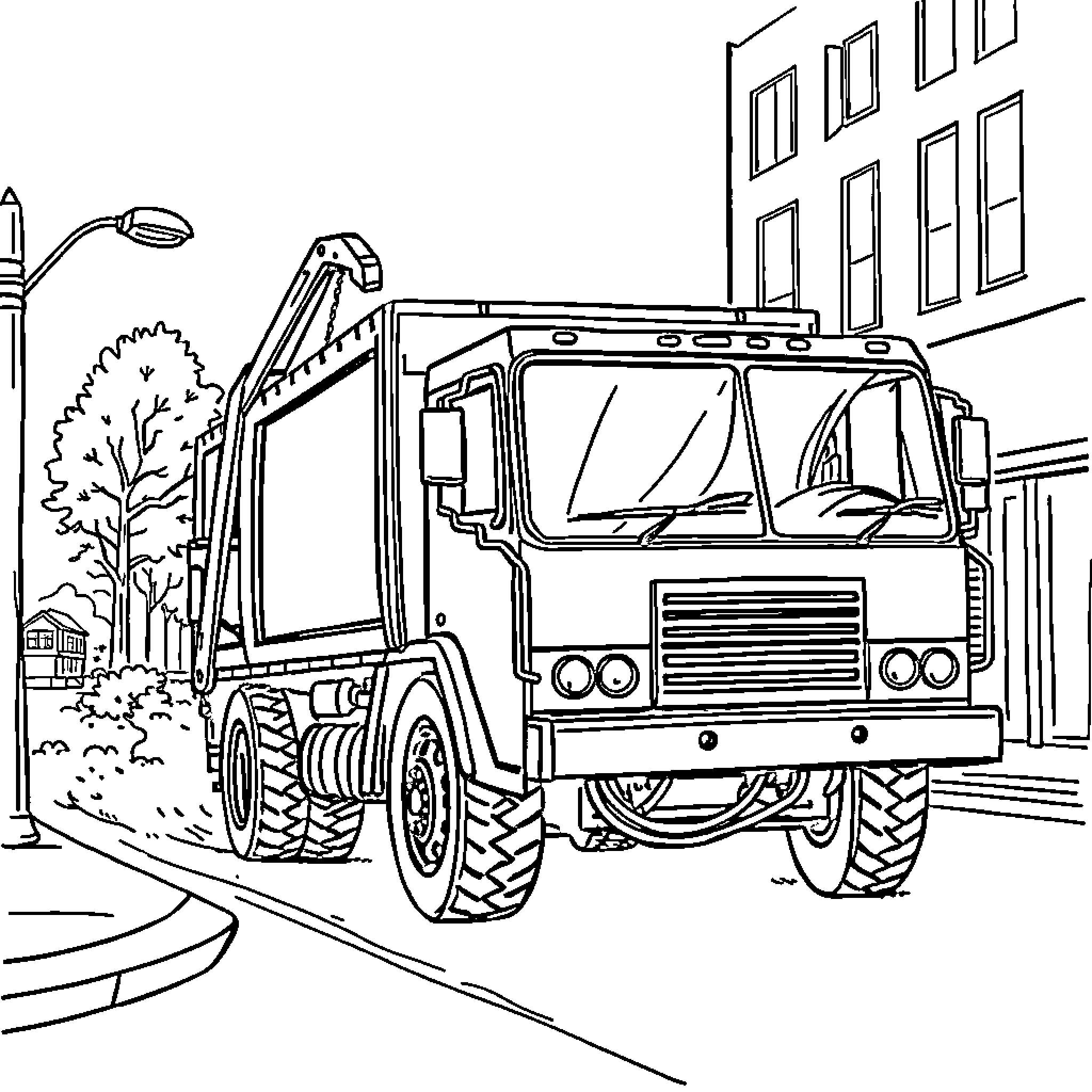 Trash Truck Collecting Waste in the City Coloring Page (free black-and-white line drawing printable PDF for all, from beginners to advanced learners, including children, teens, adults, and seniors)
