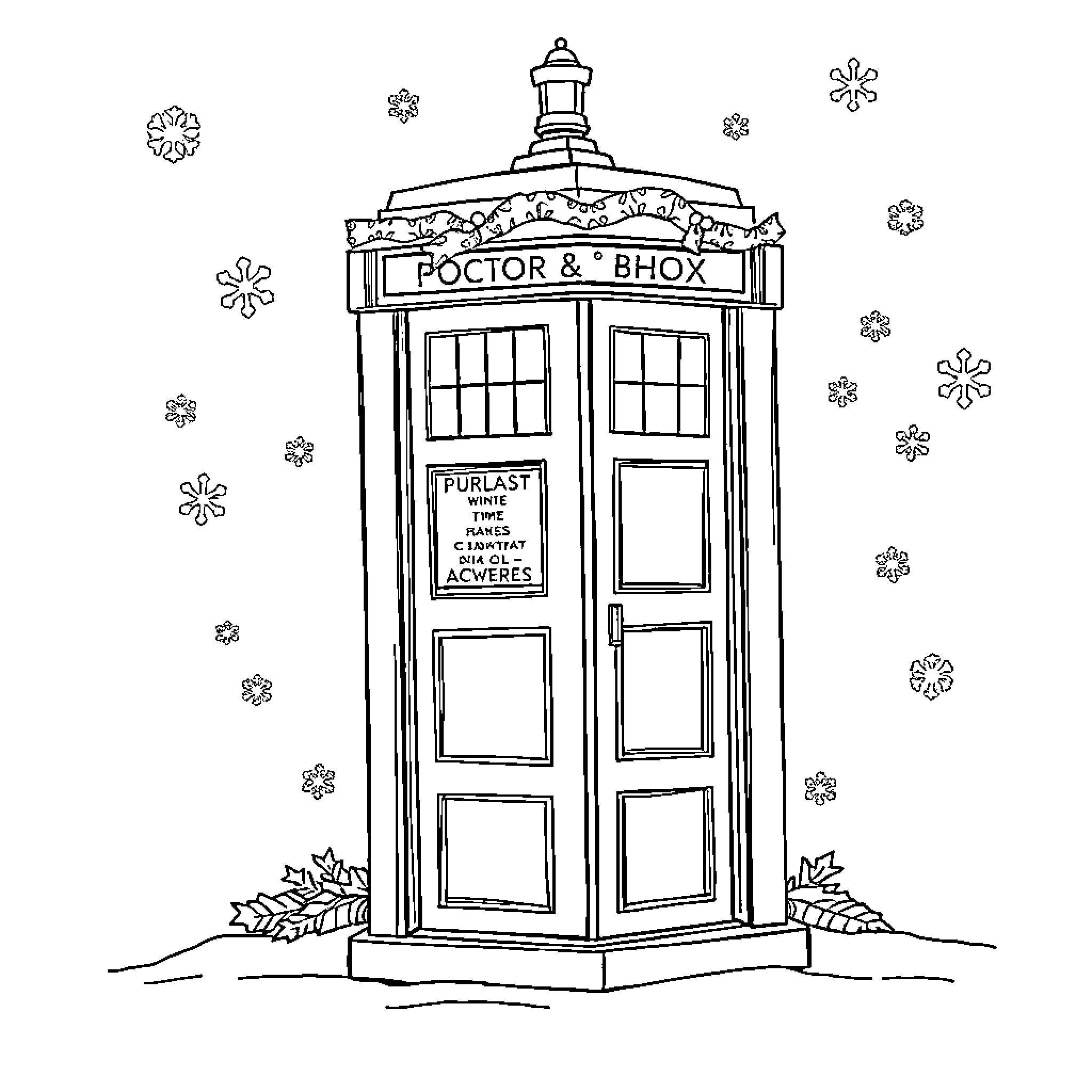 TARDIS in a Snowy Winter Wonderland Coloring Page (free black-and-white line drawing printable PDF for all, from beginners to advanced learners, including children, teens, adults, and seniors)