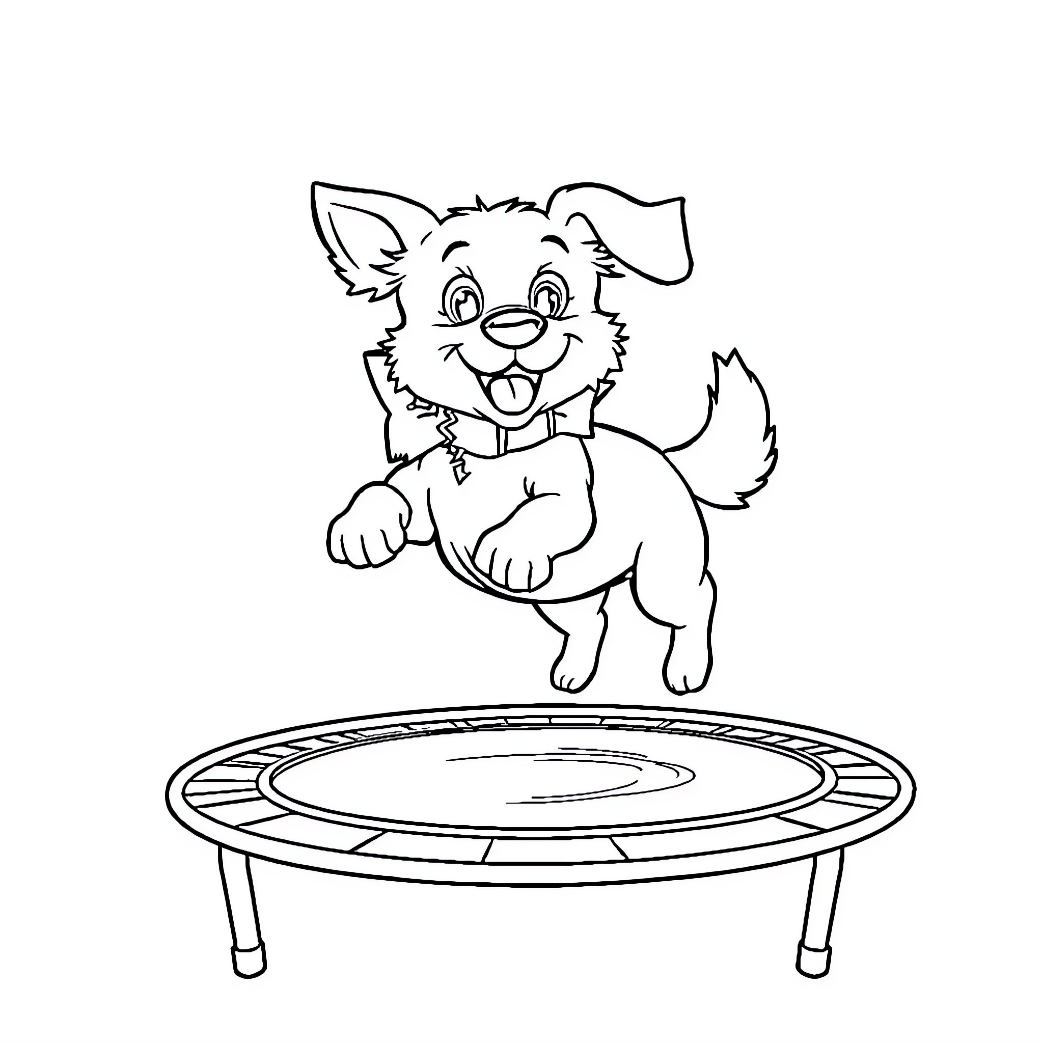 Dog jumping happily on a trampoline Coloring Page (free black-and-white line drawing printable PDF for all, from beginners to advanced learners, including children, teens, adults, and seniors)