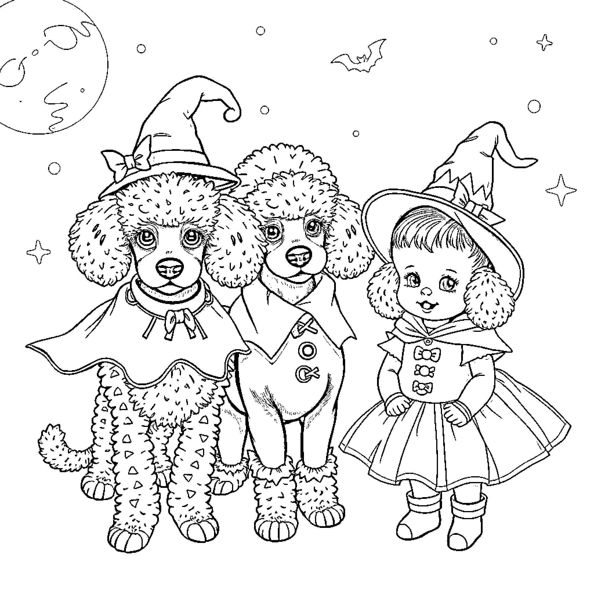 Poodle pals celebrate spooky Halloween with a witch Coloring Page (free black-and-white line drawing printable PDF for all, from beginners to advanced learners, including children, teens, adults, and seniors)