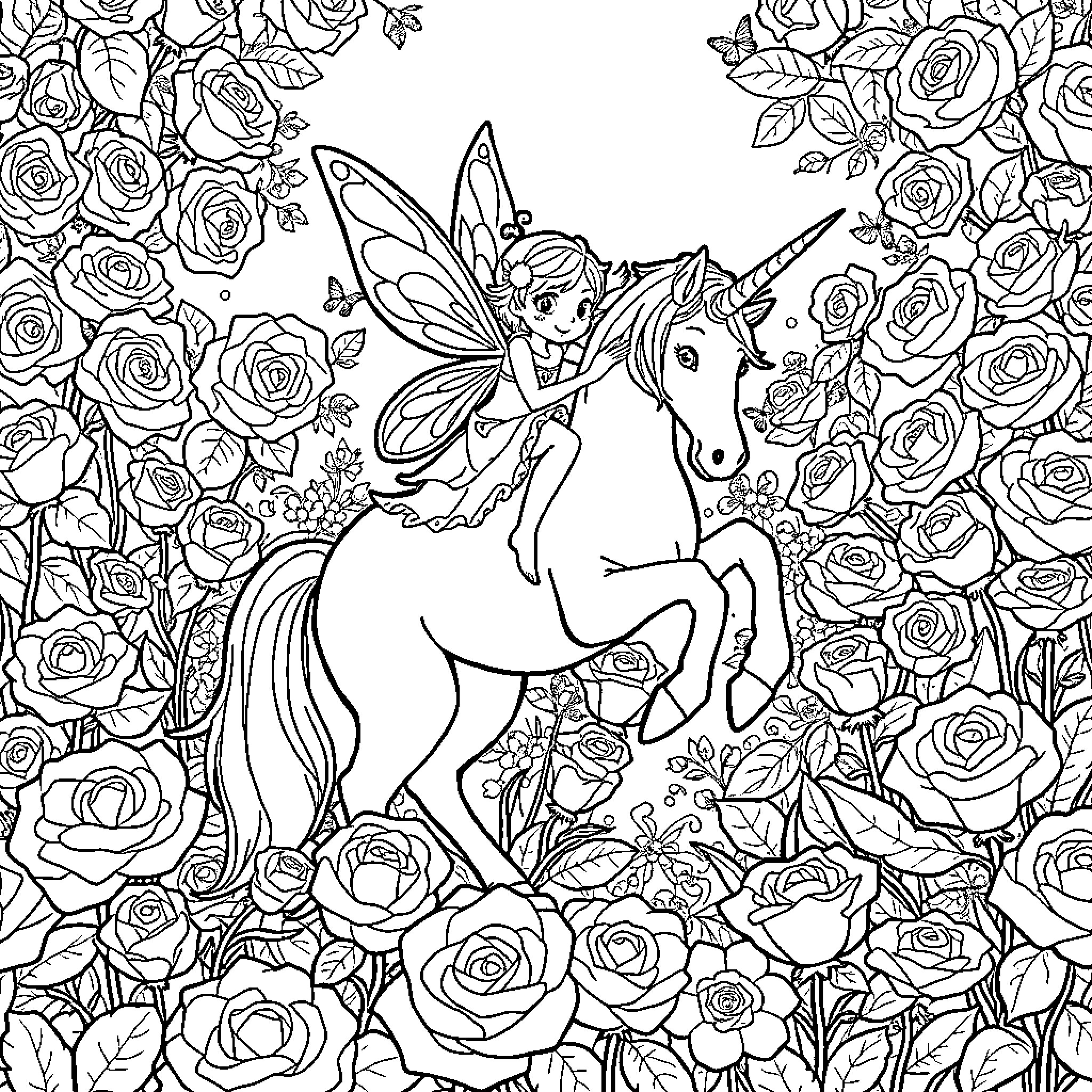 Fairy riding a unicorn through a rose garden Coloring Page (free black-and-white line drawing printable PDF for all, from beginners to advanced learners, including children, teens, adults, and seniors)