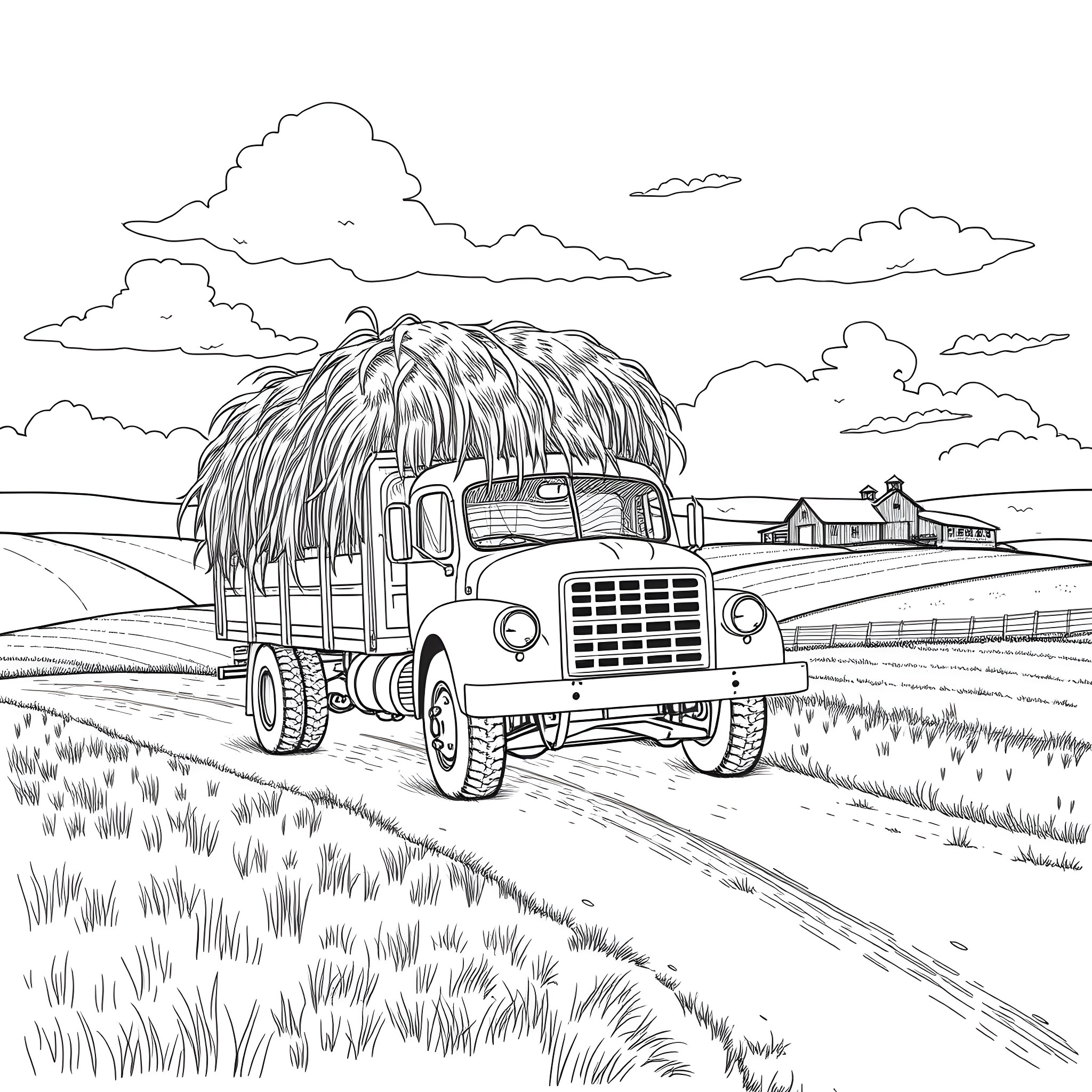 Hay Truck Transporting Hay Bales Through Countryside Coloring Page (free black-and-white line drawing printable PDF for all, from beginners to advanced learners, including children, teens, adults, and seniors)