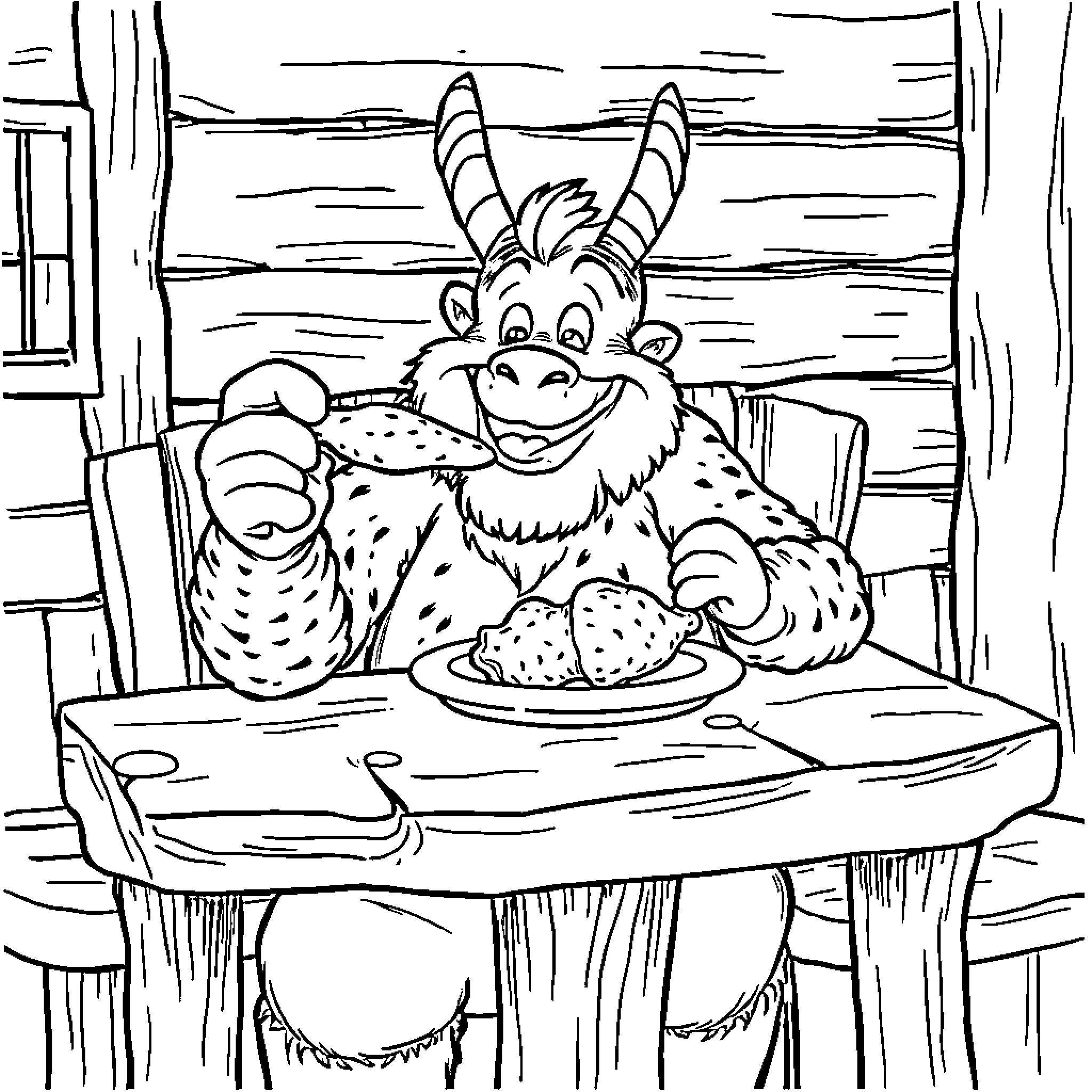 Dovahkiin enjoys a hearty meal in a rustic setting Coloring Page (free black-and-white line drawing printable PDF for all, from beginners to advanced learners, including children, teens, adults, and seniors)