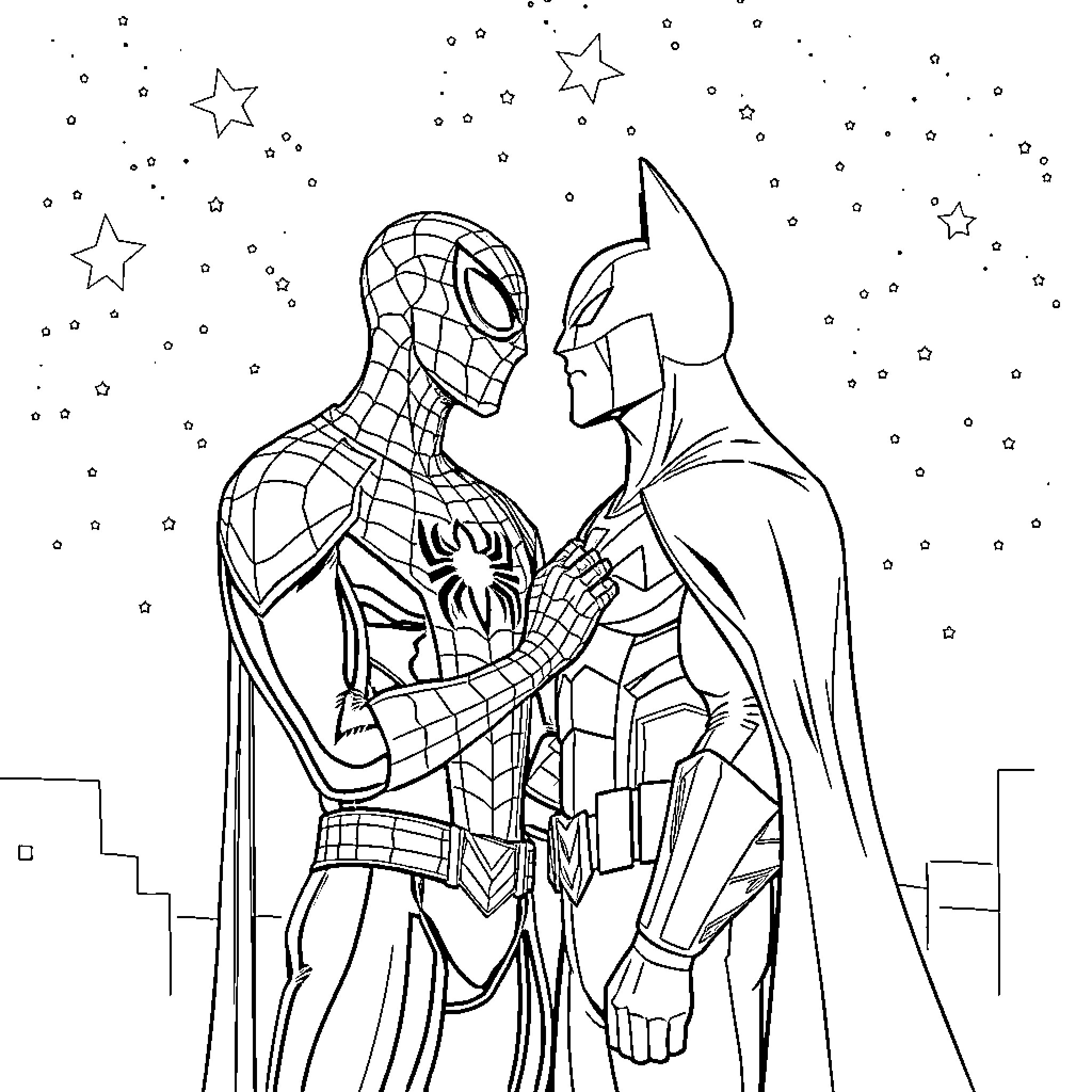 Spiderman and Batman team up under the starry sky Coloring Page (free black-and-white line drawing printable PDF for all, from beginners to advanced learners, including children, teens, adults, and seniors)