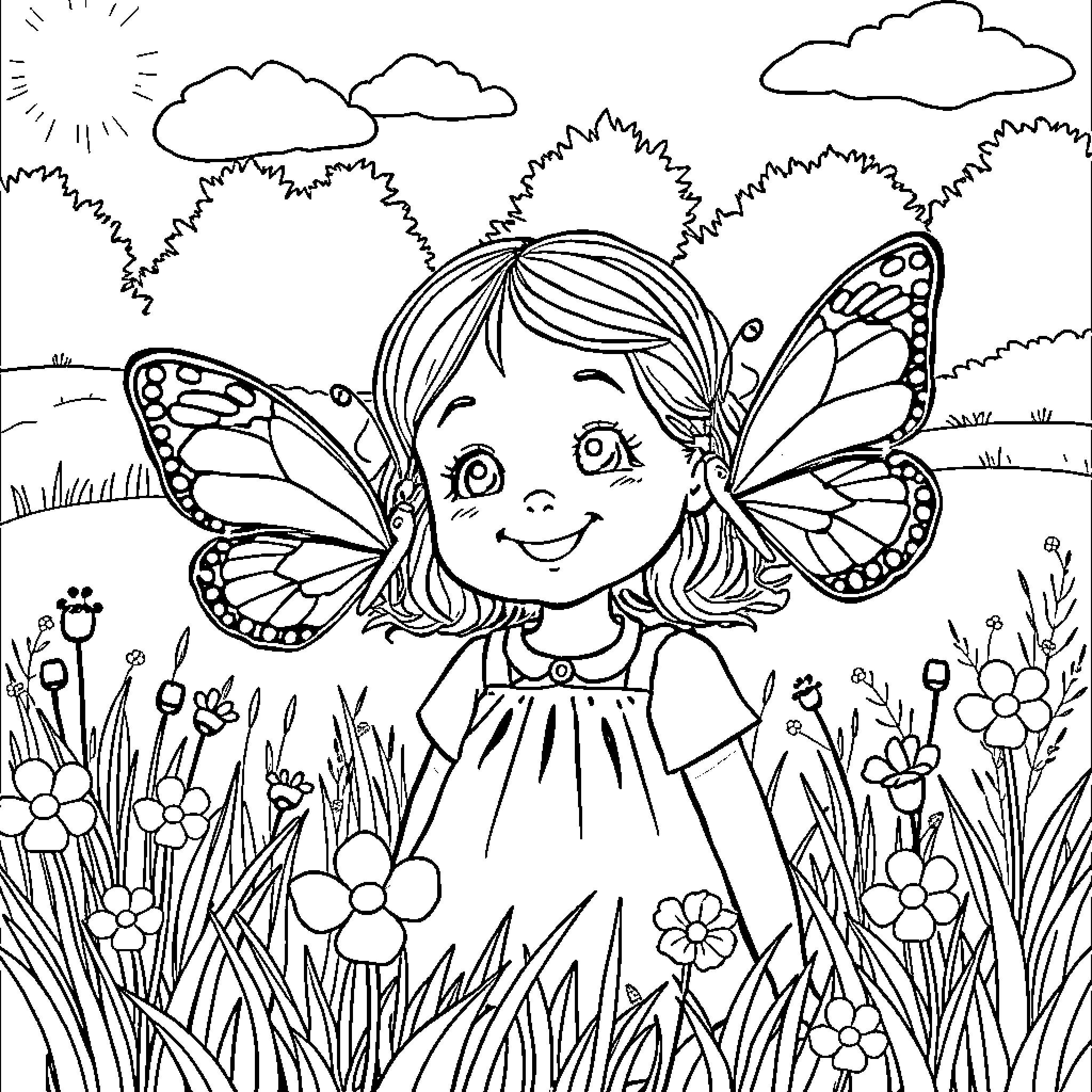 Butterfly girl smiling happily in a nature scene Coloring Page (free black-and-white line drawing printable PDF for all, from beginners to advanced learners, including children, teens, adults, and seniors)