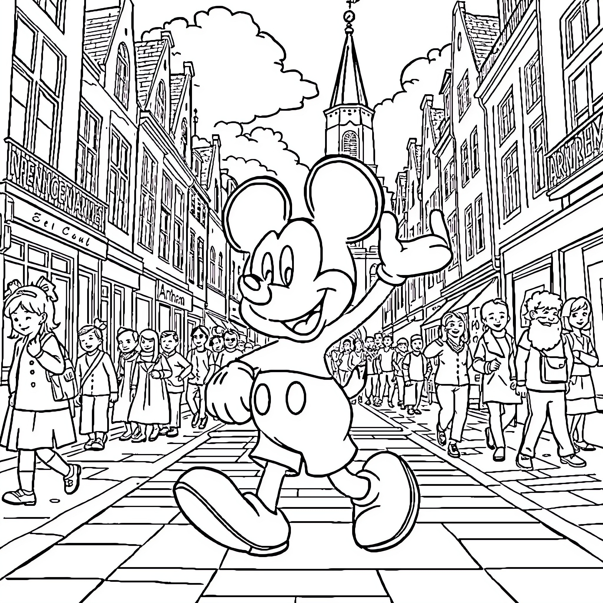 Mickey Mouse enjoying a lively street scene Coloring Page (free black-and-white line drawing printable PDF for all, from beginners to advanced learners, including children, teens, adults, and seniors)