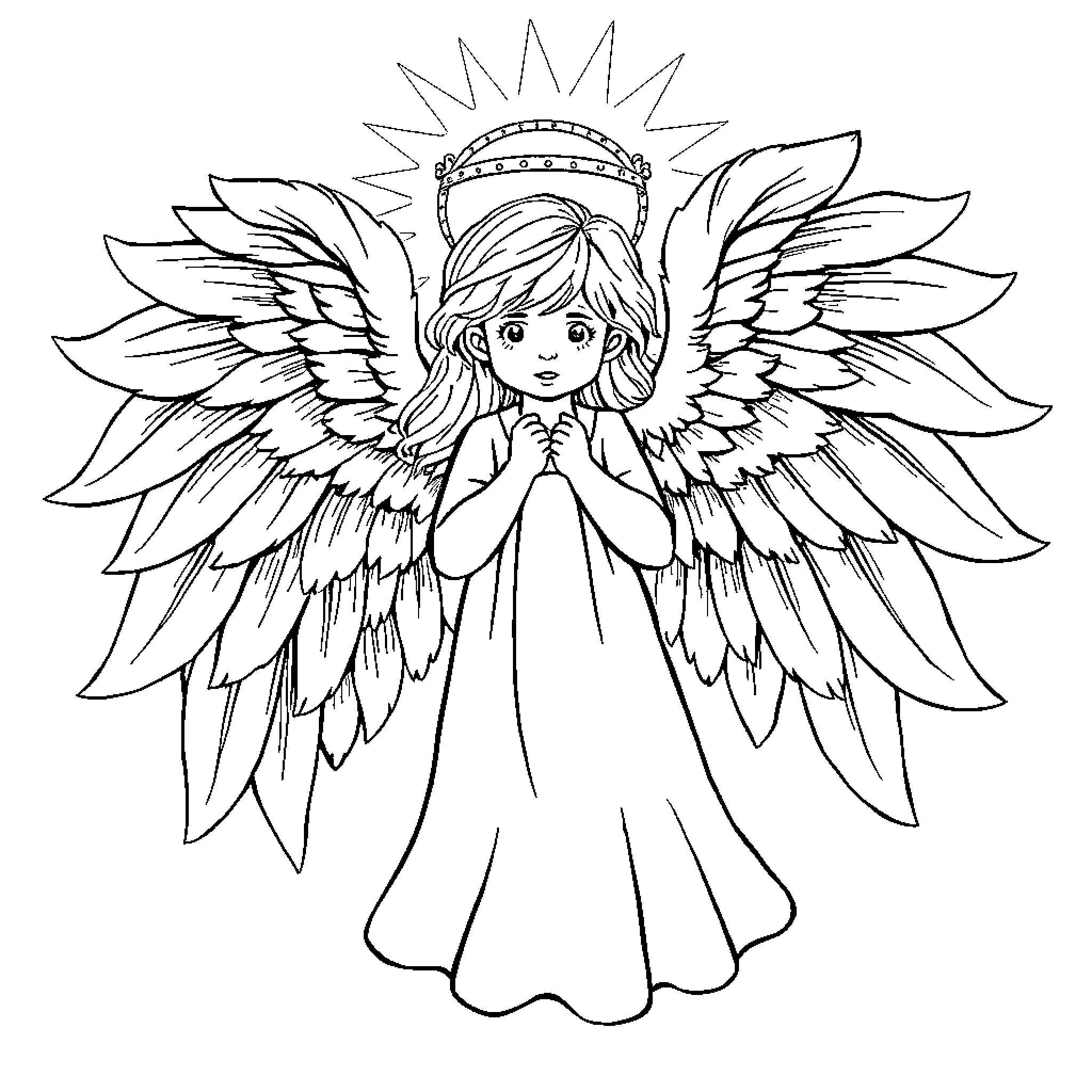 Angel with Outstretched Wings in Prayerful Pose Coloring Page (free black-and-white line drawing printable PDF for all, from beginners to advanced learners, including children, teens, adults, and seniors)