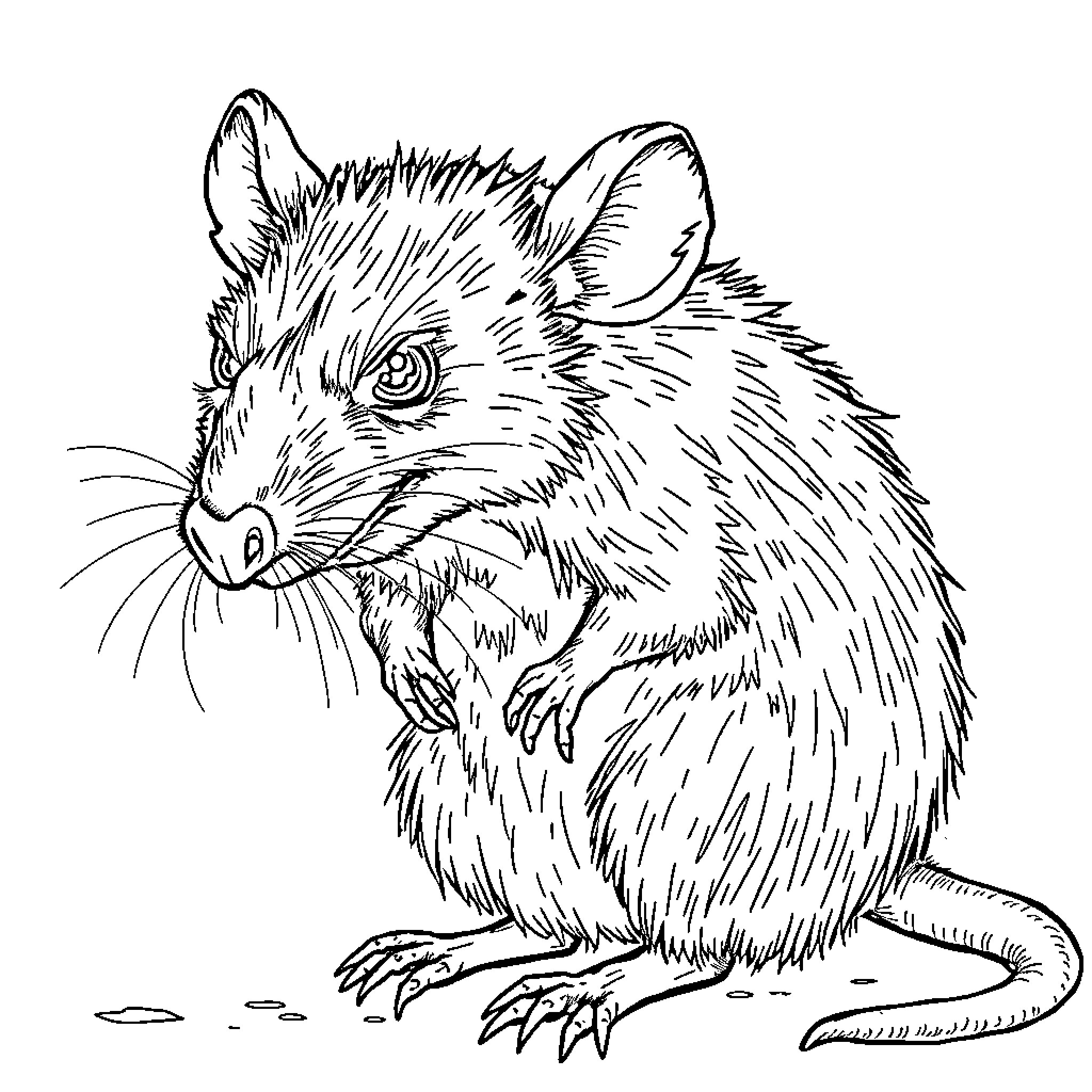 Rat scavenging for food in the wild Coloring Page (free black-and-white line drawing printable PDF for all, from beginners to advanced learners, including children, teens, adults, and seniors)