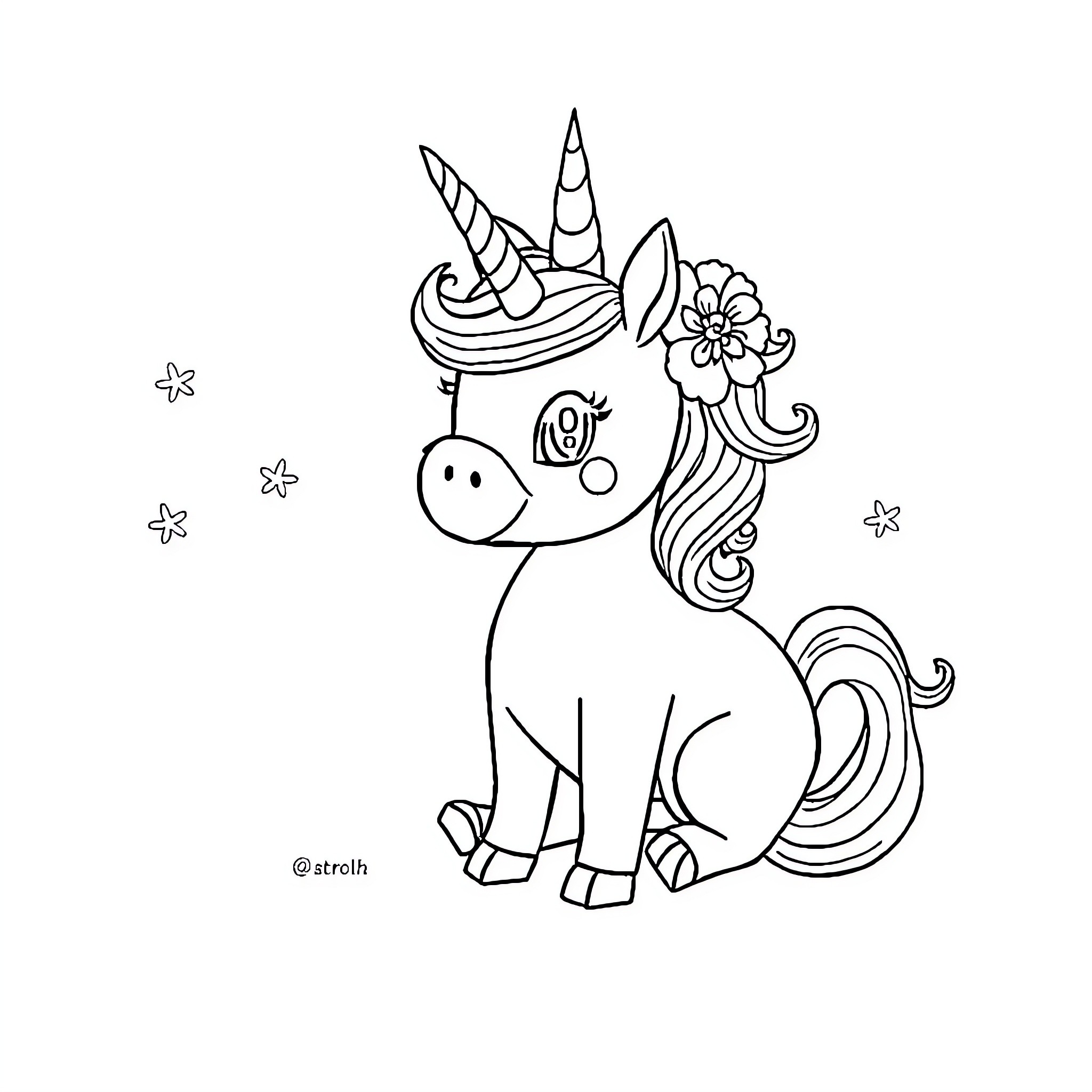 Labubu the Whimsical Unicorn's Delightful Escapades Coloring Page (free black-and-white line drawing printable PDF for all, from beginners to advanced learners, including children, teens, adults, and seniors)