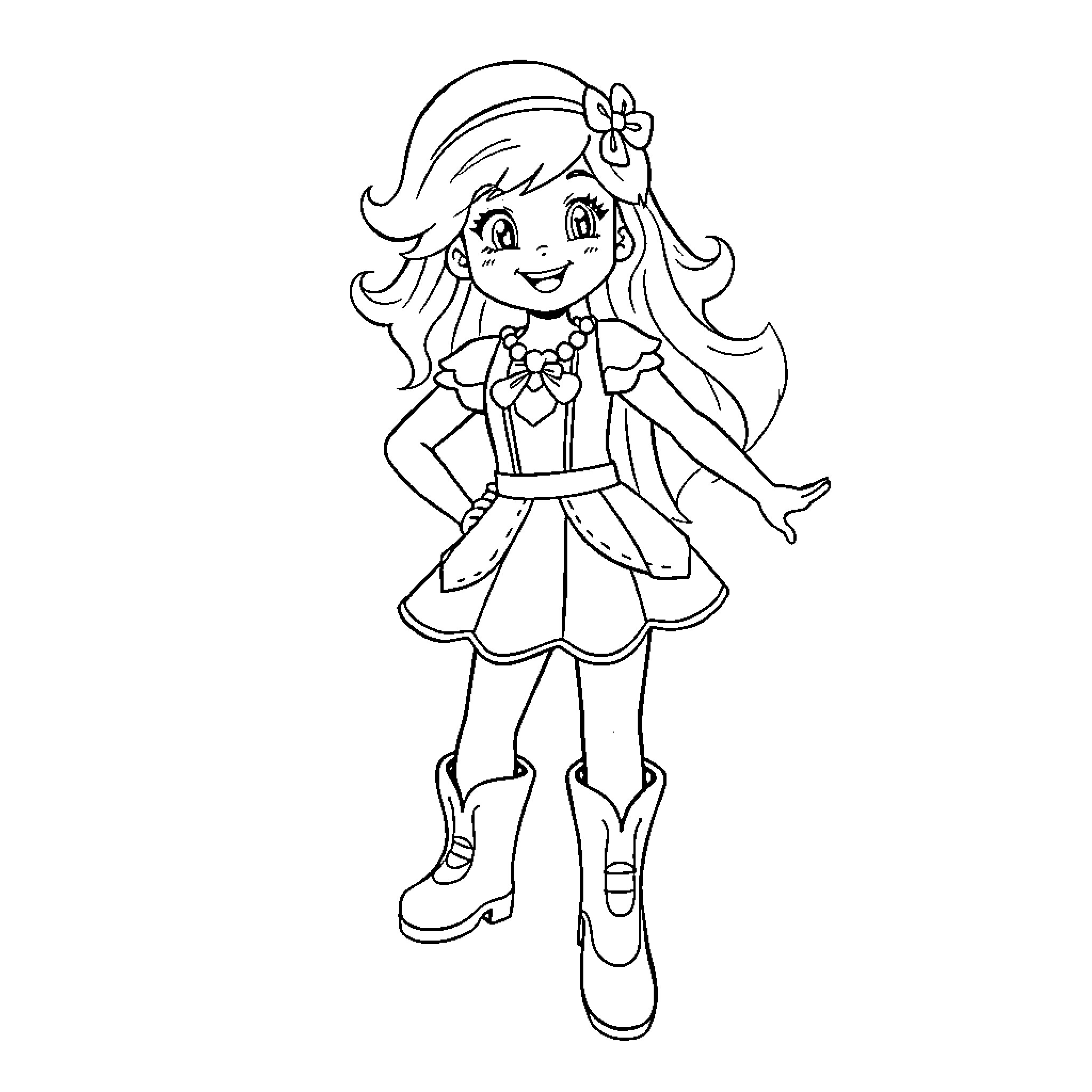 Rainbow Brite on an adventure with a cheerful expression Coloring Page (free black-and-white line drawing printable PDF for all, from beginners to advanced learners, including children, teens, adults, and seniors)