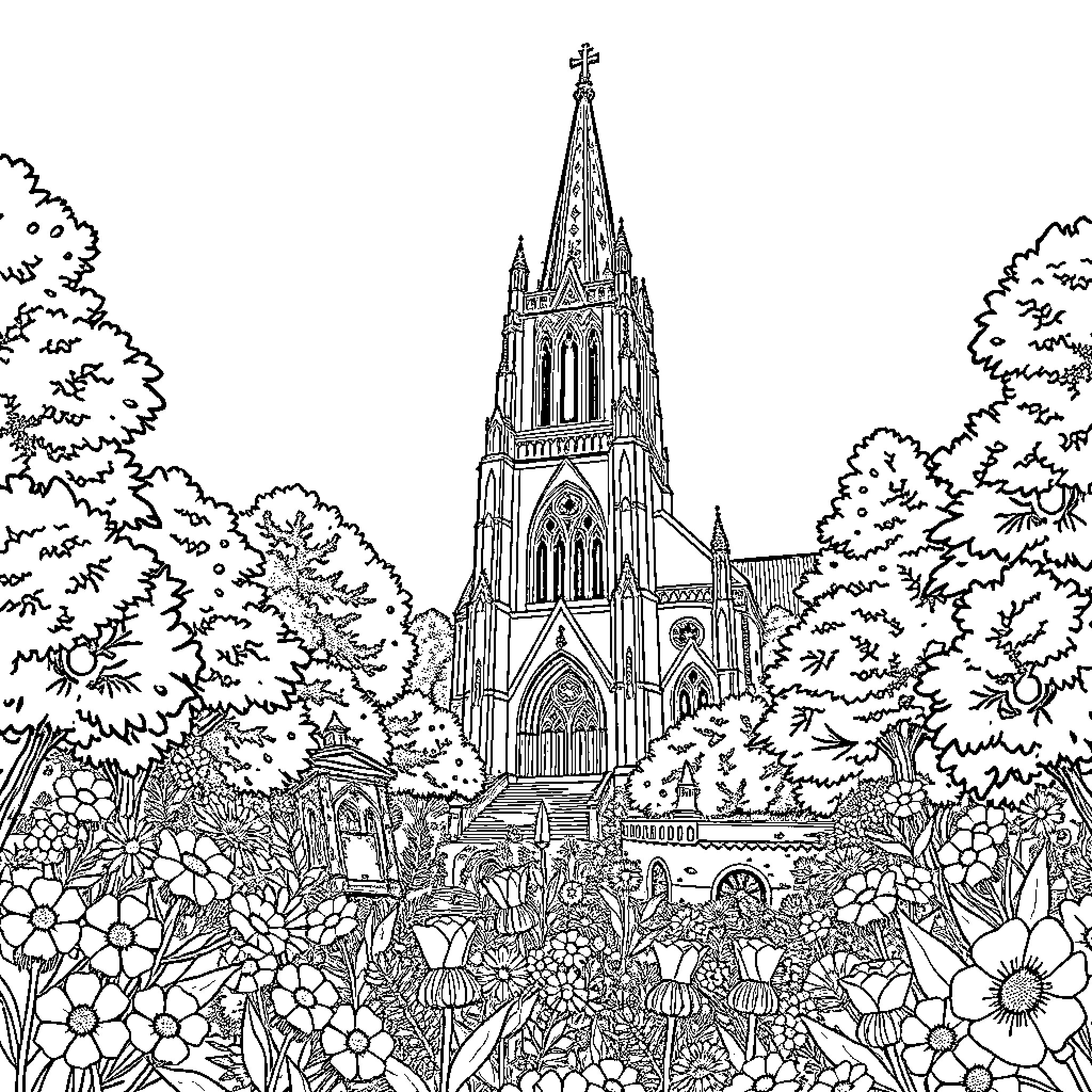 Cathedral surrounded by lush gardens and blooming flowers Coloring Page (free black-and-white line drawing printable PDF for all, from beginners to advanced learners, including children, teens, adults, and seniors)