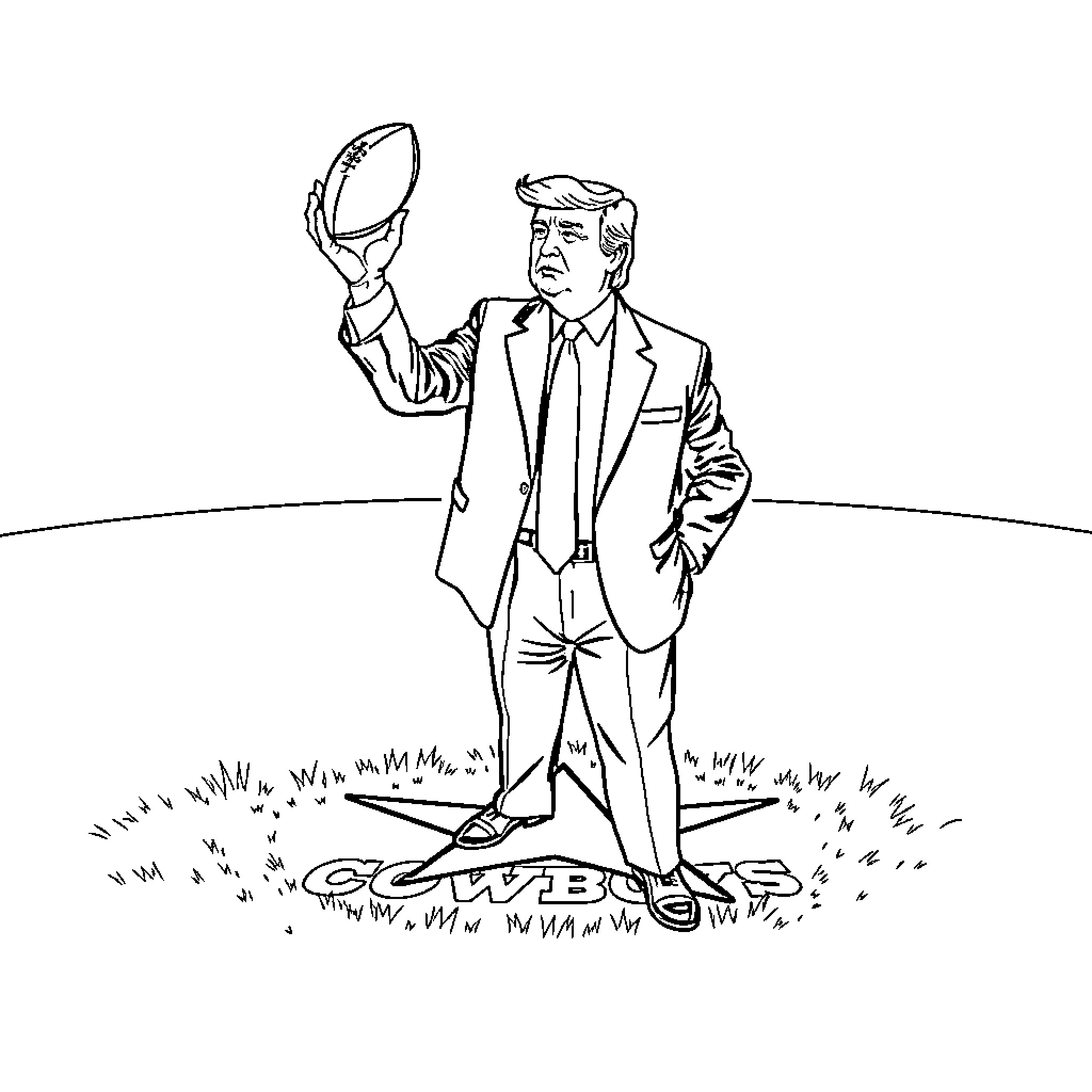 Donald Trump playing football with friends Coloring Page (free black-and-white line drawing printable PDF for all, from beginners to advanced learners, including children, teens, adults, and seniors)