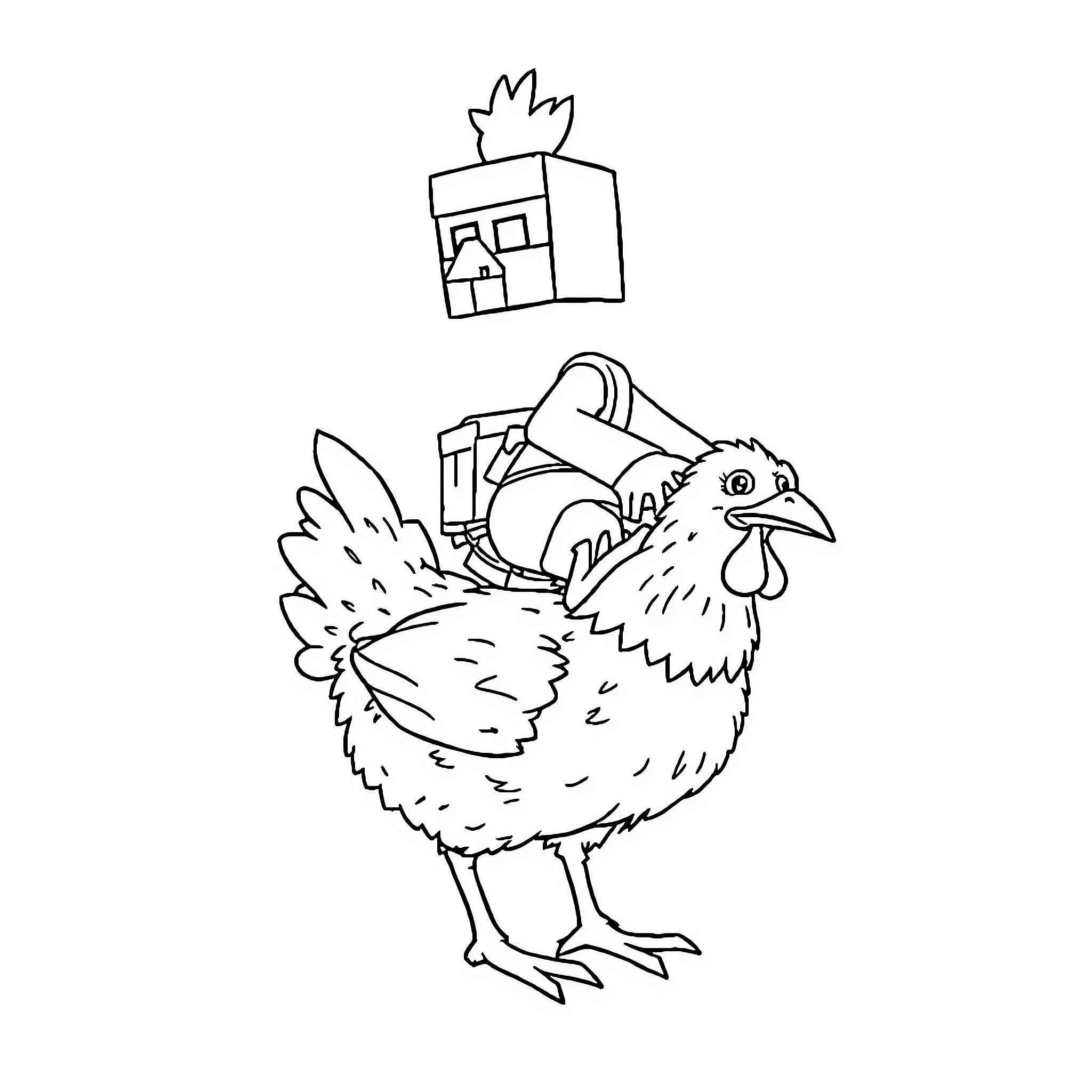 Chicken carrying building materials Coloring Page (free black-and-white line drawing printable PDF for all, from beginners to advanced learners, including children, teens, adults, and seniors)