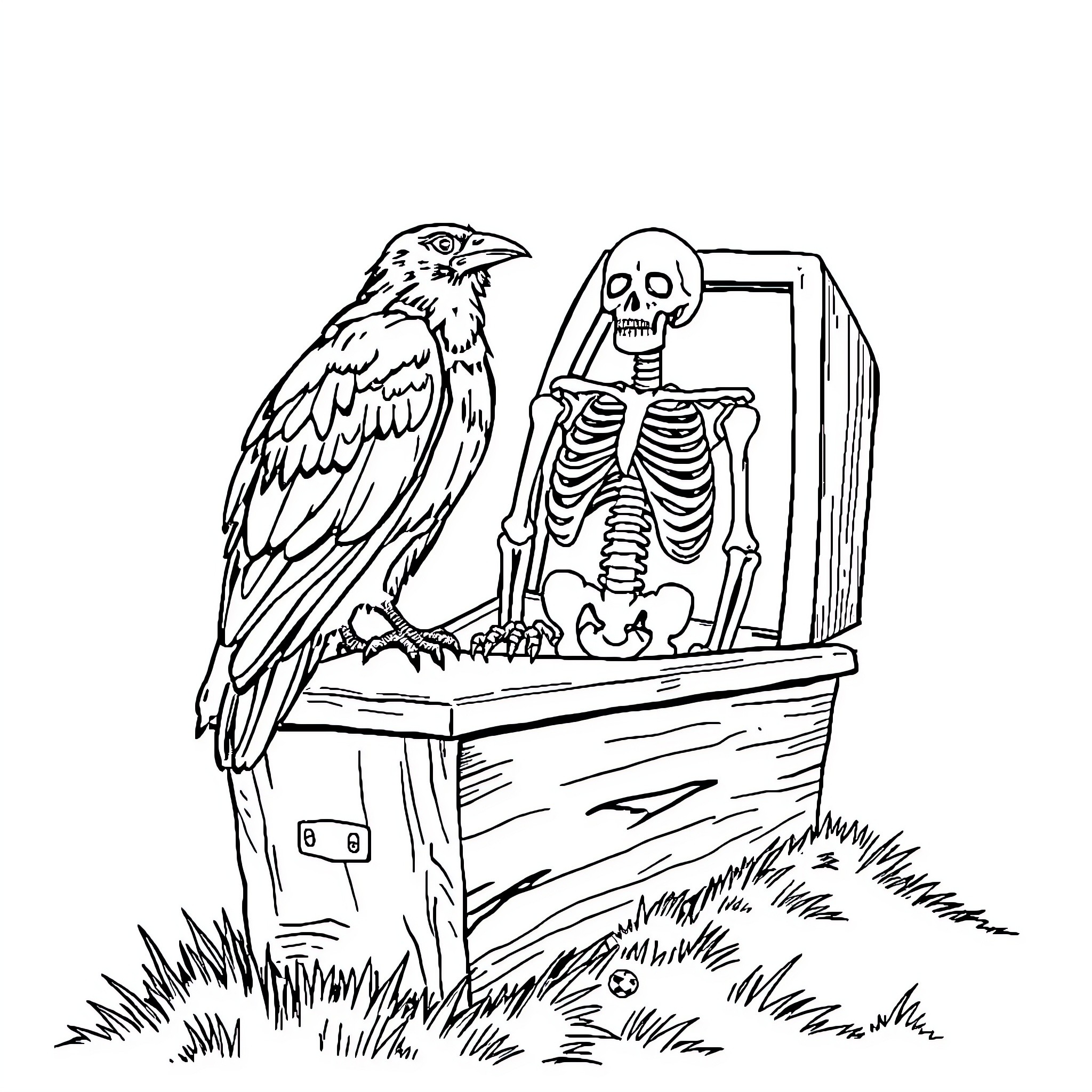Crow observing a skeleton in a casket Coloring Page (free black-and-white line drawing printable PDF for all, from beginners to advanced learners, including children, teens, adults, and seniors)