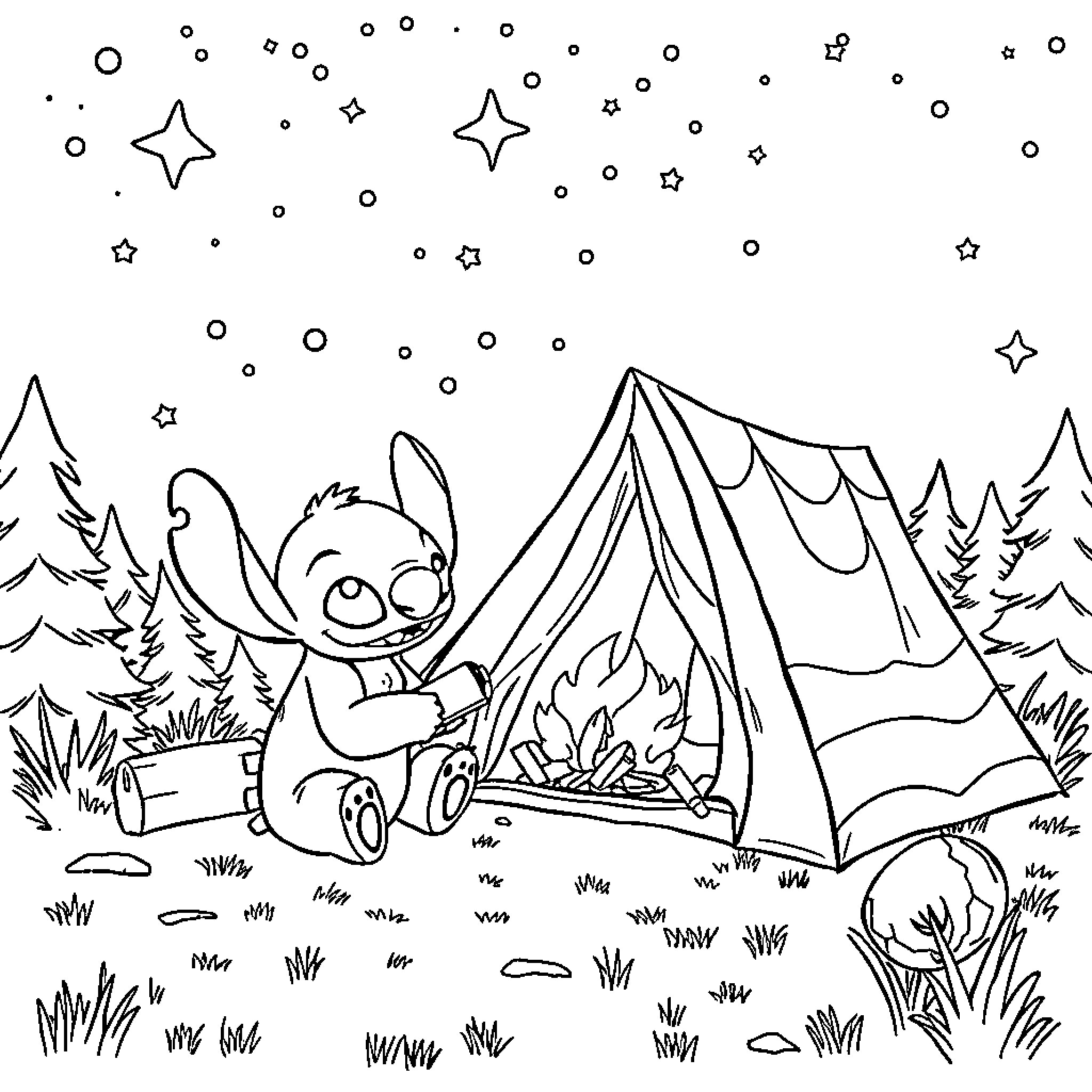 Stitch camping under the starry night sky Coloring Page (free black-and-white line drawing printable PDF for all, from beginners to advanced learners, including children, teens, adults, and seniors)