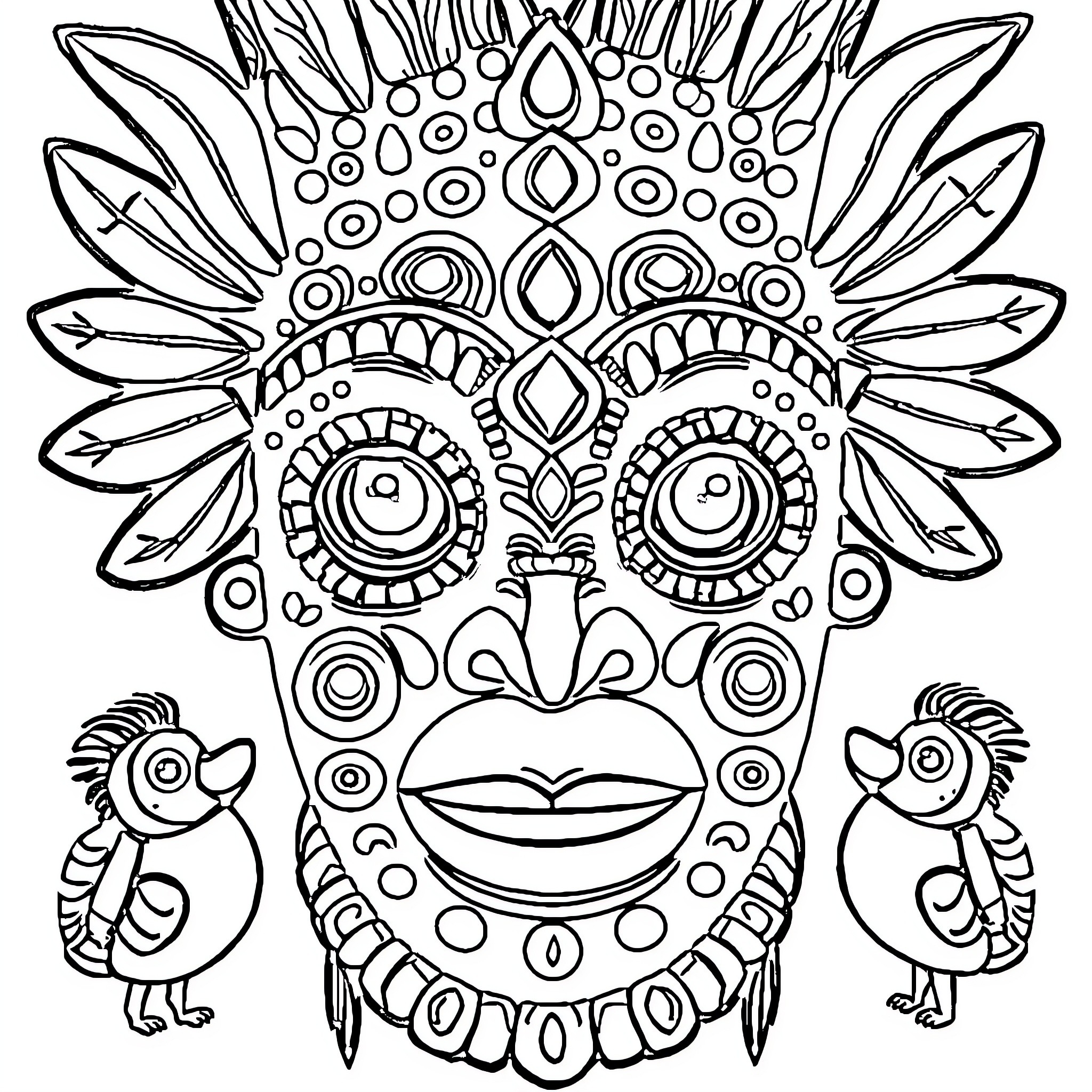 Labubu's Colorful Tribal Mask with Quirky Bird Companions Coloring Page (free black-and-white line drawing printable PDF for all, from beginners to advanced learners, including children, teens, adults, and seniors)