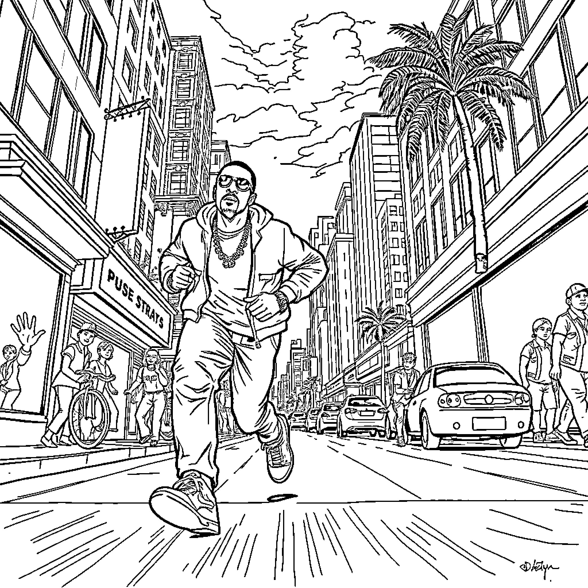 Diddy walks confidently through a bustling city street Coloring Page (free black-and-white line drawing printable PDF for all, from beginners to advanced learners, including children, teens, adults, and seniors)