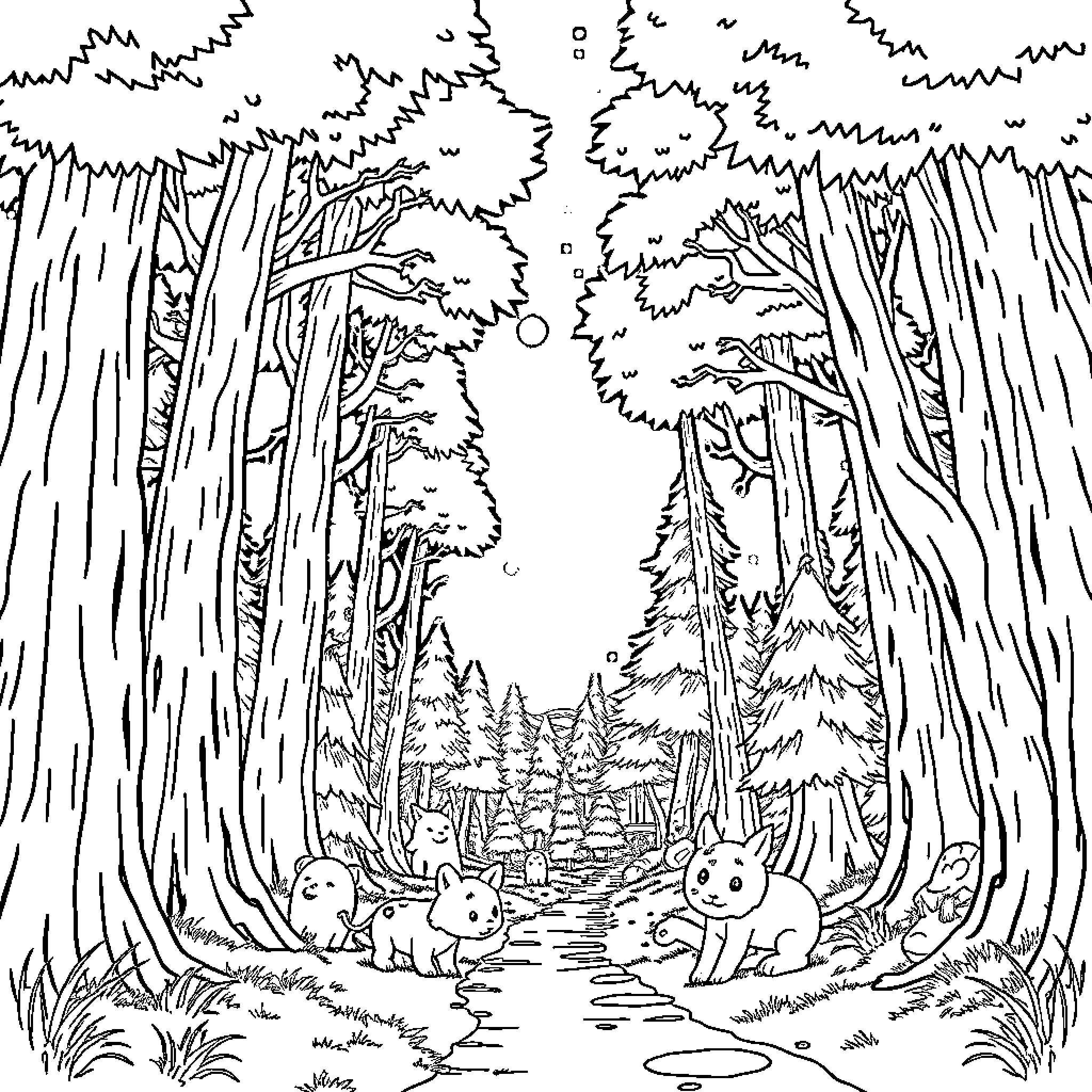 Roblox Characters Exploring Enchanted Forest Coloring Page (free black-and-white line drawing printable PDF for all, from beginners to advanced learners, including children, teens, adults, and seniors)