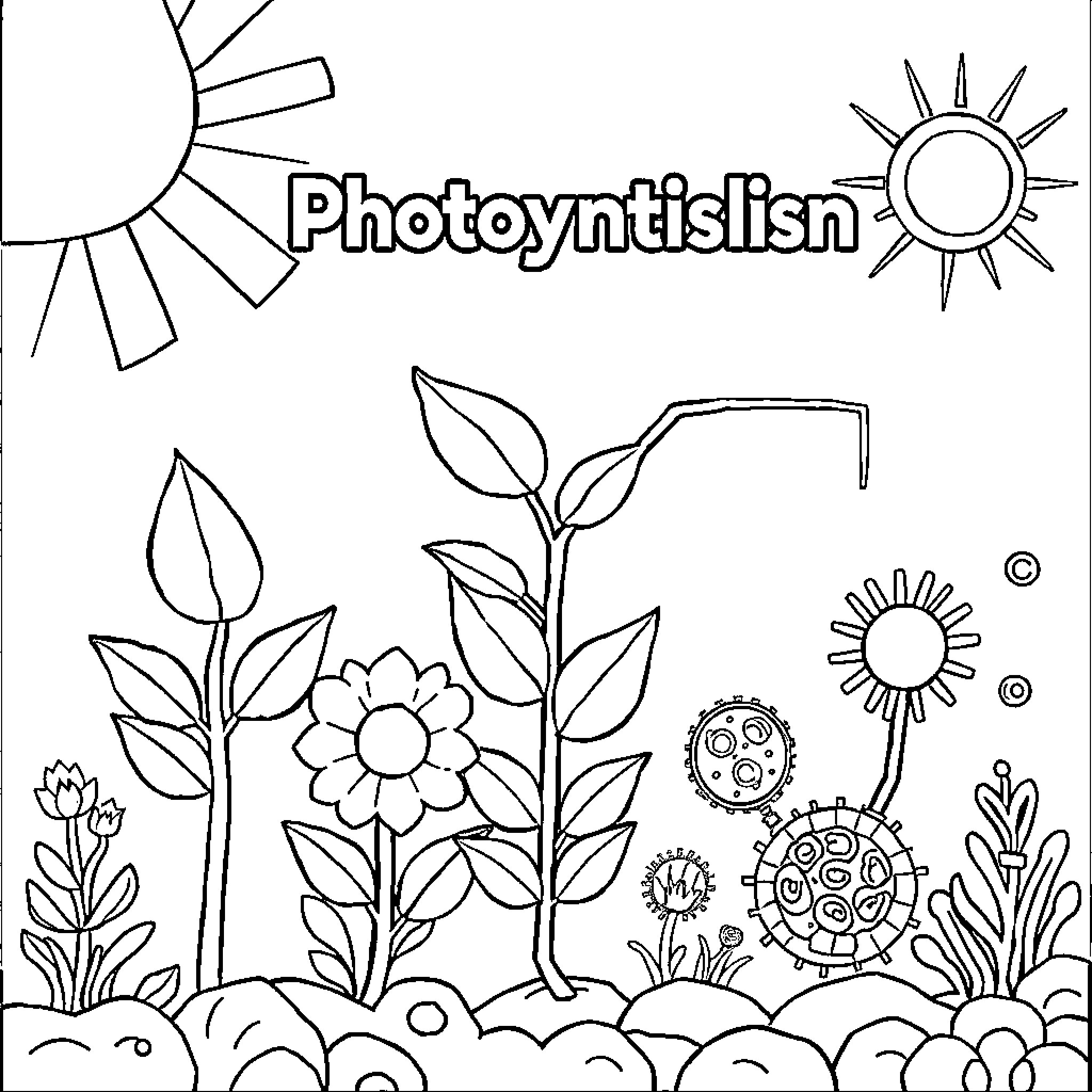 Photosynthesis: Plants, Suns, and Microorganisms in Nature Coloring Page (free black-and-white line drawing printable PDF for all, from beginners to advanced learners, including children, teens, adults, and seniors)