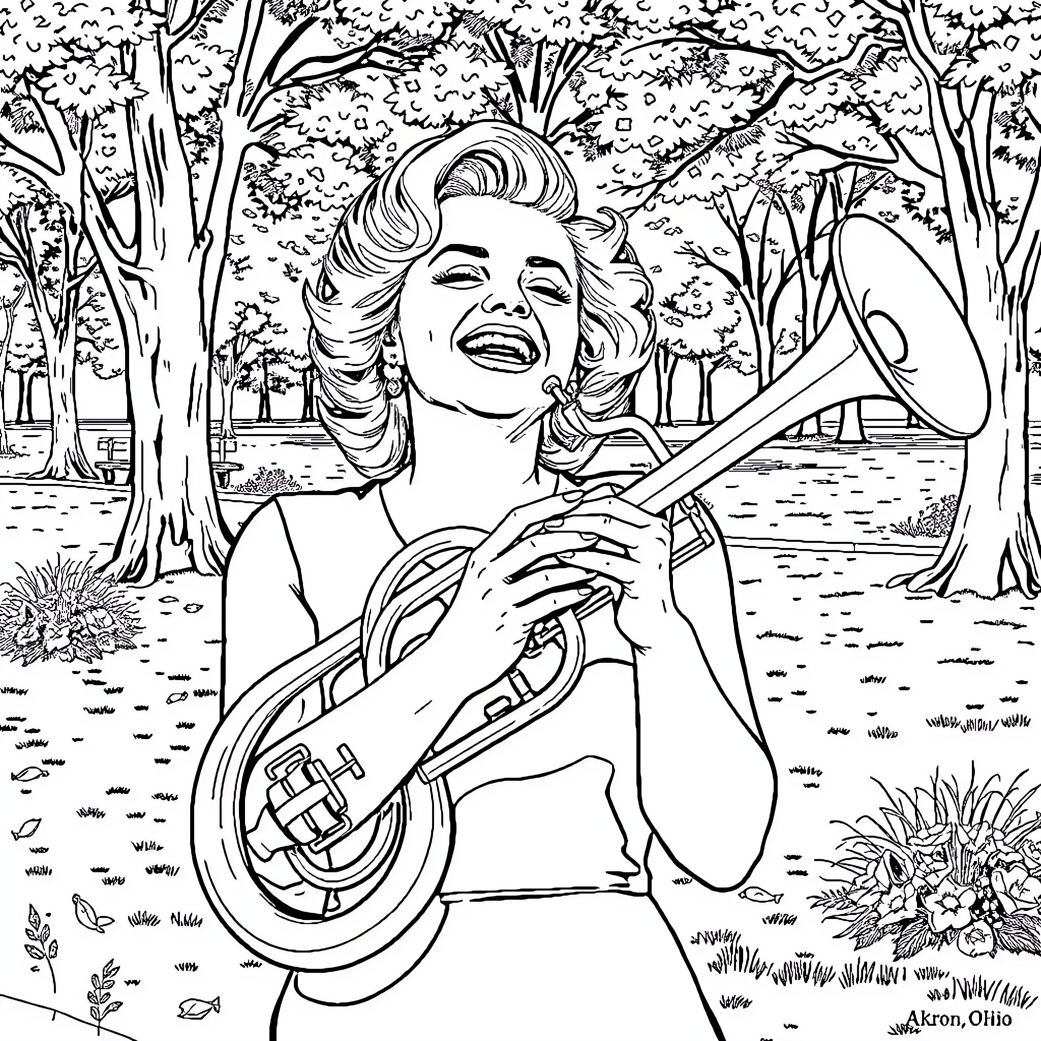 Marilyn Monroe playing the ukulele in nature Coloring Page (free black-and-white line drawing printable PDF for all, from beginners to advanced learners, including children, teens, adults, and seniors)