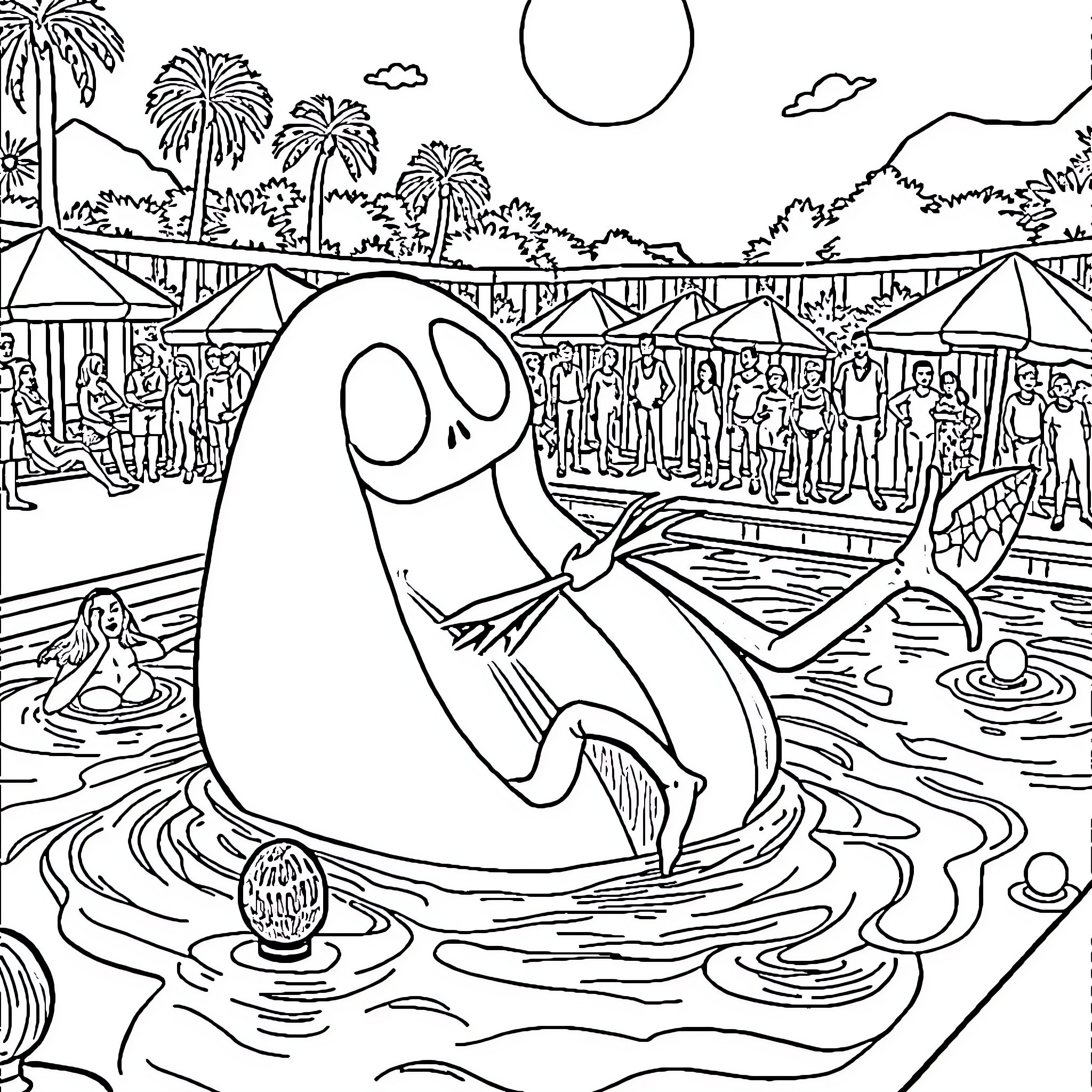 Oogie Boogie enjoying a spooky swim at the carnival Coloring Page (free black-and-white line drawing printable PDF for all, from beginners to advanced learners, including children, teens, adults, and seniors)