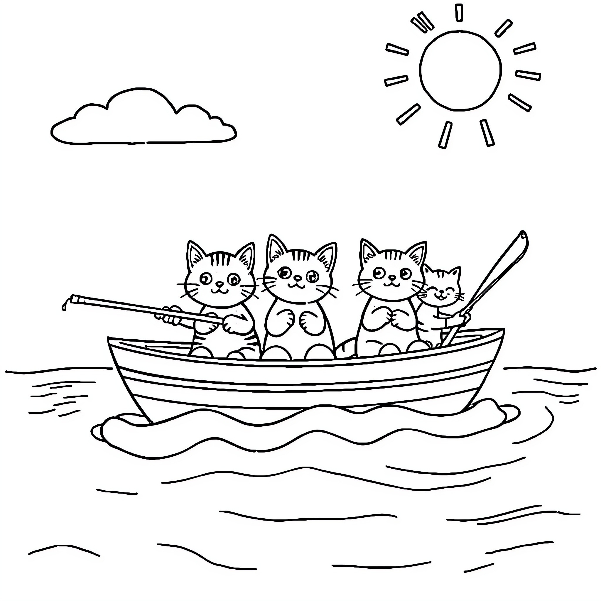 Cats enjoying a boat ride on the water Coloring Page (free black-and-white line drawing printable PDF for all, from beginners to advanced learners, including children, teens, adults, and seniors)