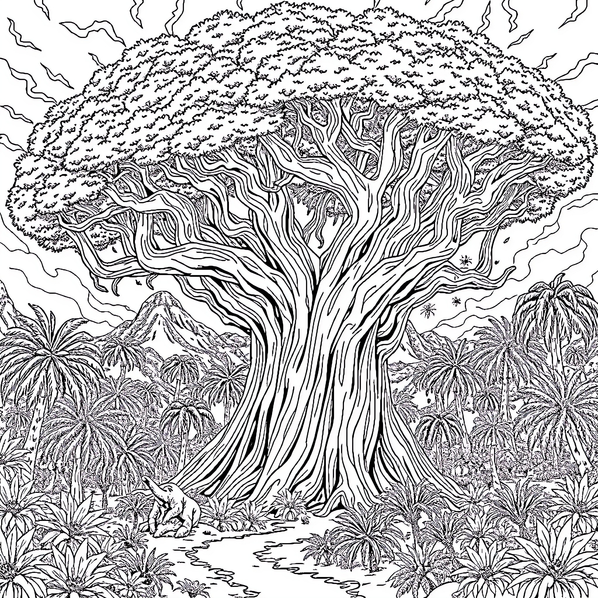 Tree of Twisted Branches in Lush Jungle Coloring Page (free black-and-white line drawing printable PDF for all, from beginners to advanced learners, including children, teens, adults, and seniors)