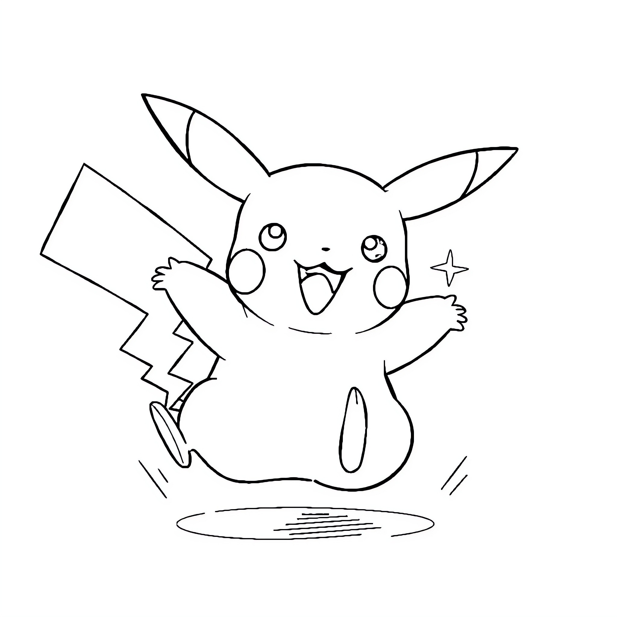 Pikachu Excitedly Jumping and Sparking Coloring Page (free black-and-white line drawing printable PDF for all, from beginners to advanced learners, including children, teens, adults, and seniors)