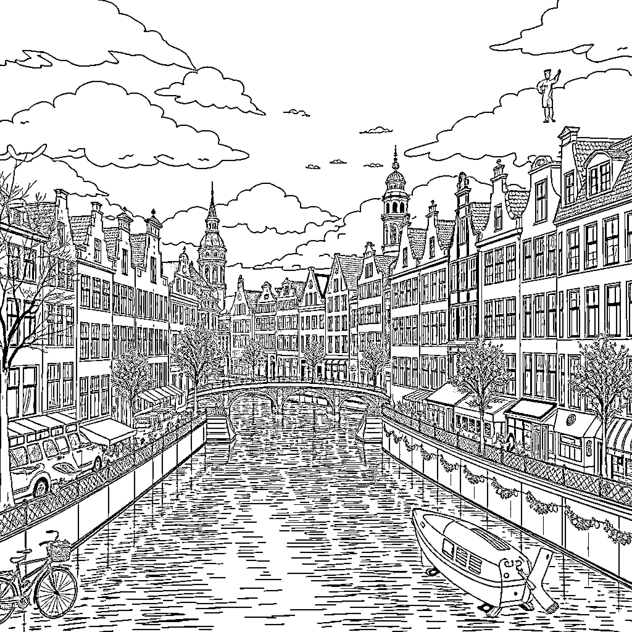 Amsterdam Cityscape with Canal, Boats, and Architectural Landmarks Coloring Page (free black-and-white line drawing printable PDF for all, from beginners to advanced learners, including children, teens, adults, and seniors)