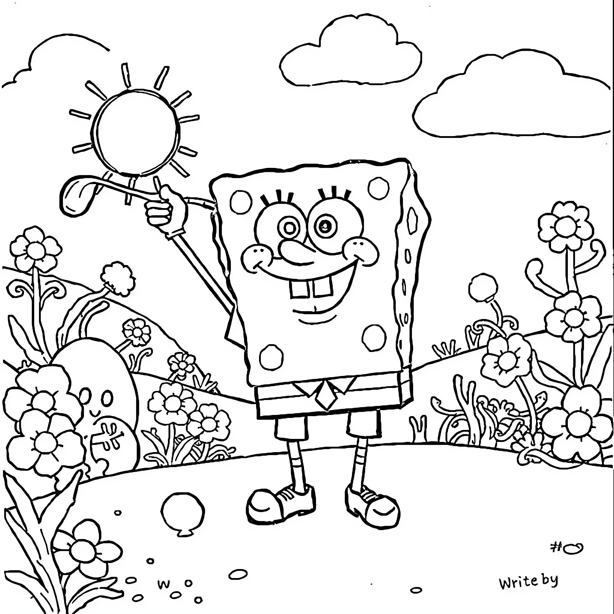 Spongebob enjoying a sunny day in the garden Coloring Page (free black-and-white line drawing printable PDF for all, from beginners to advanced learners, including children, teens, adults, and seniors)