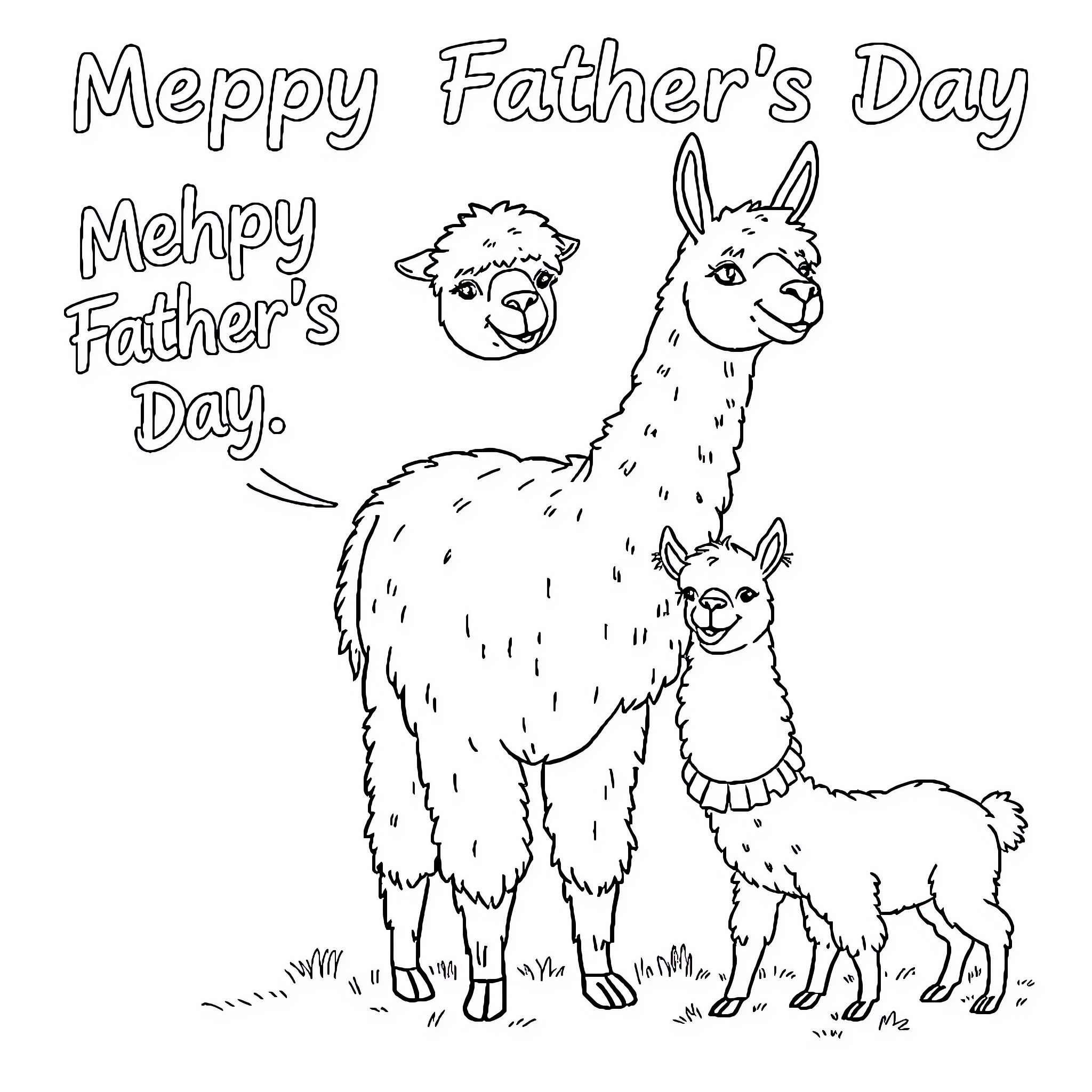 Alpacas celebrating Father's Day together Coloring Page (free black-and-white line drawing printable PDF for all, from beginners to advanced learners, including children, teens, adults, and seniors)