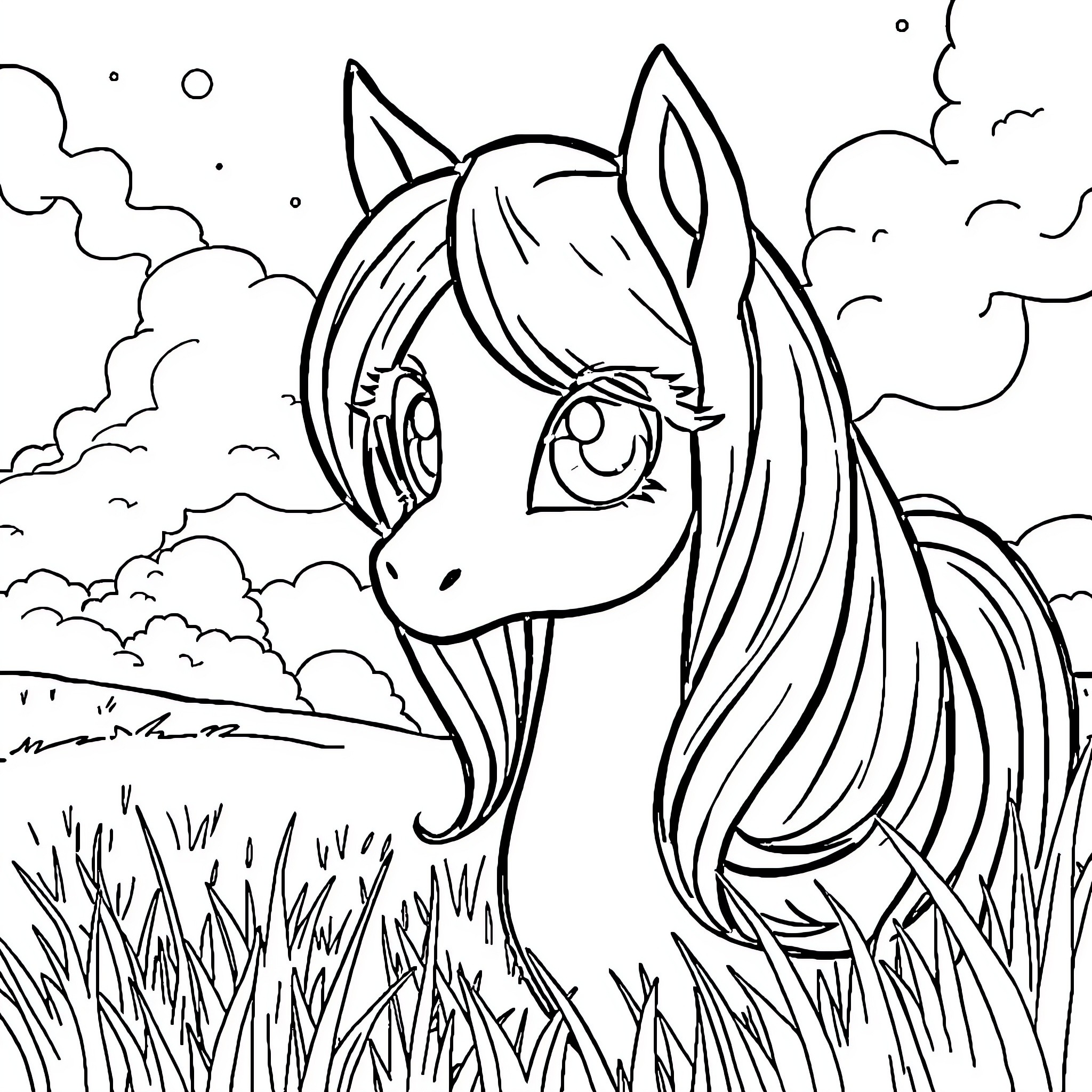 Itachi's Serene Pony Companion Coloring Page (free black-and-white line drawing printable PDF for all, from beginners to advanced learners, including children, teens, adults, and seniors)
