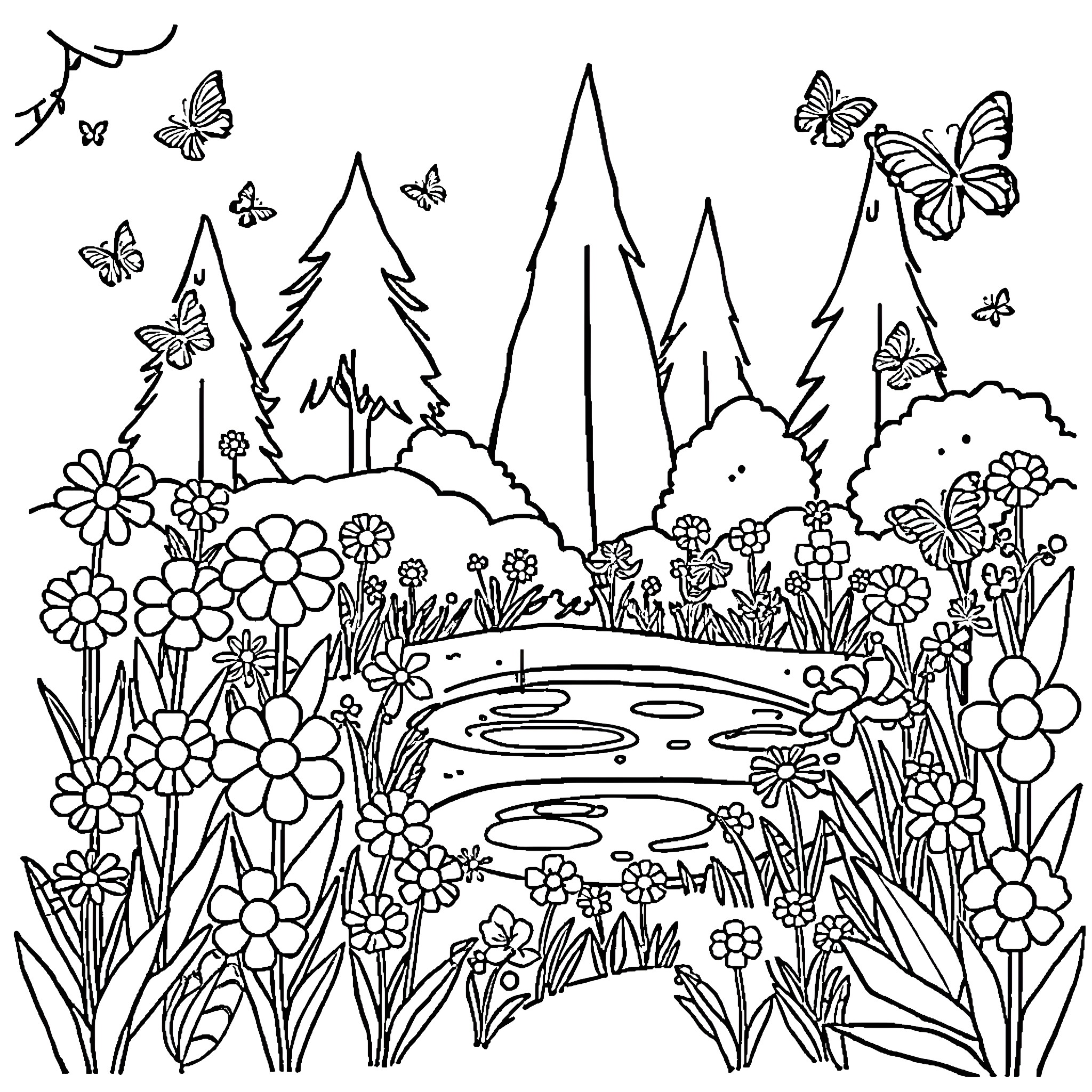 Flower-filled Woodland Scene with Butterflies Coloring Page (free black-and-white line drawing printable PDF for all, from beginners to advanced learners, including children, teens, adults, and seniors)