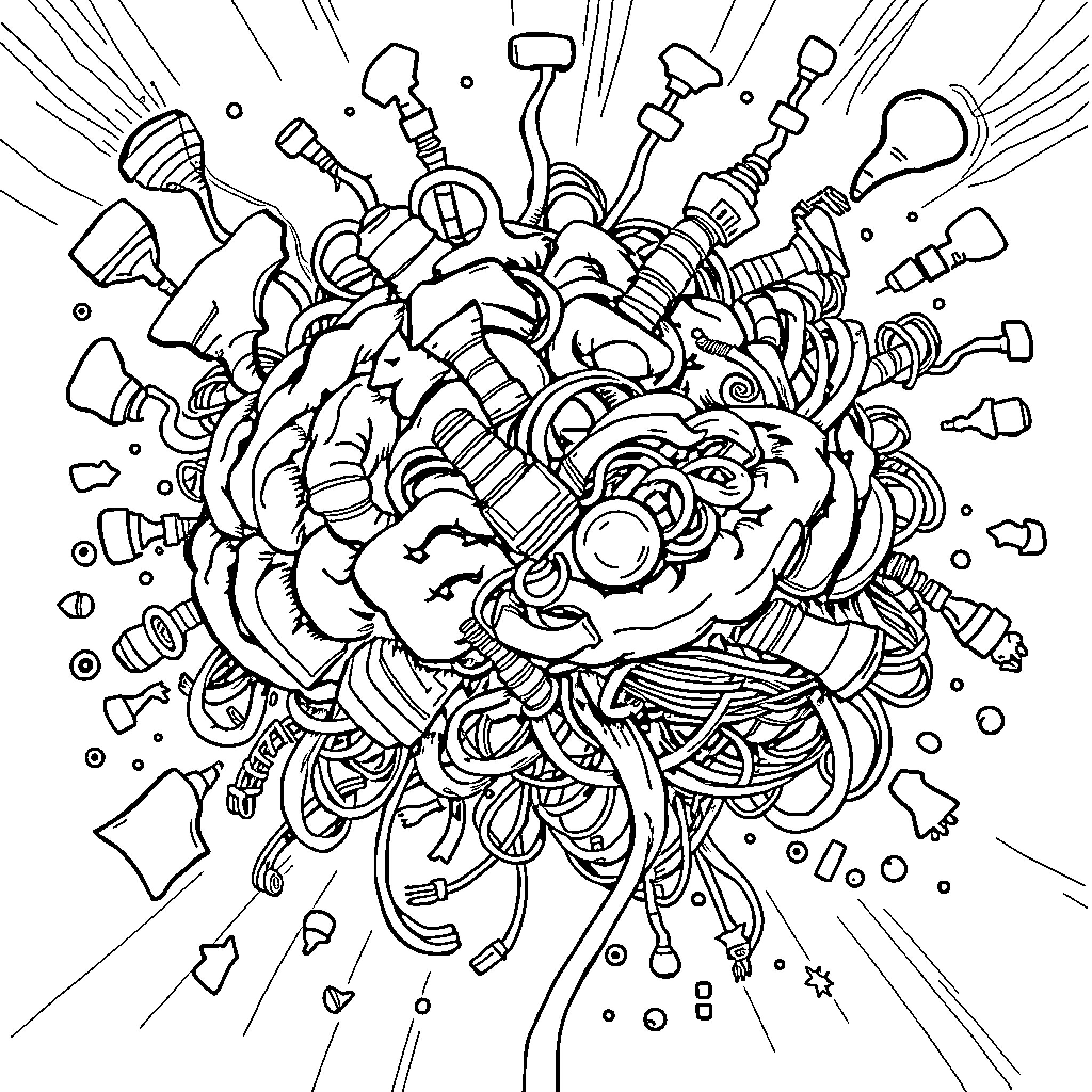 Brainrot: Exploding Imagination in Abstract Chaos Coloring Page (free black-and-white line drawing printable PDF for all, from beginners to advanced learners, including children, teens, adults, and seniors)