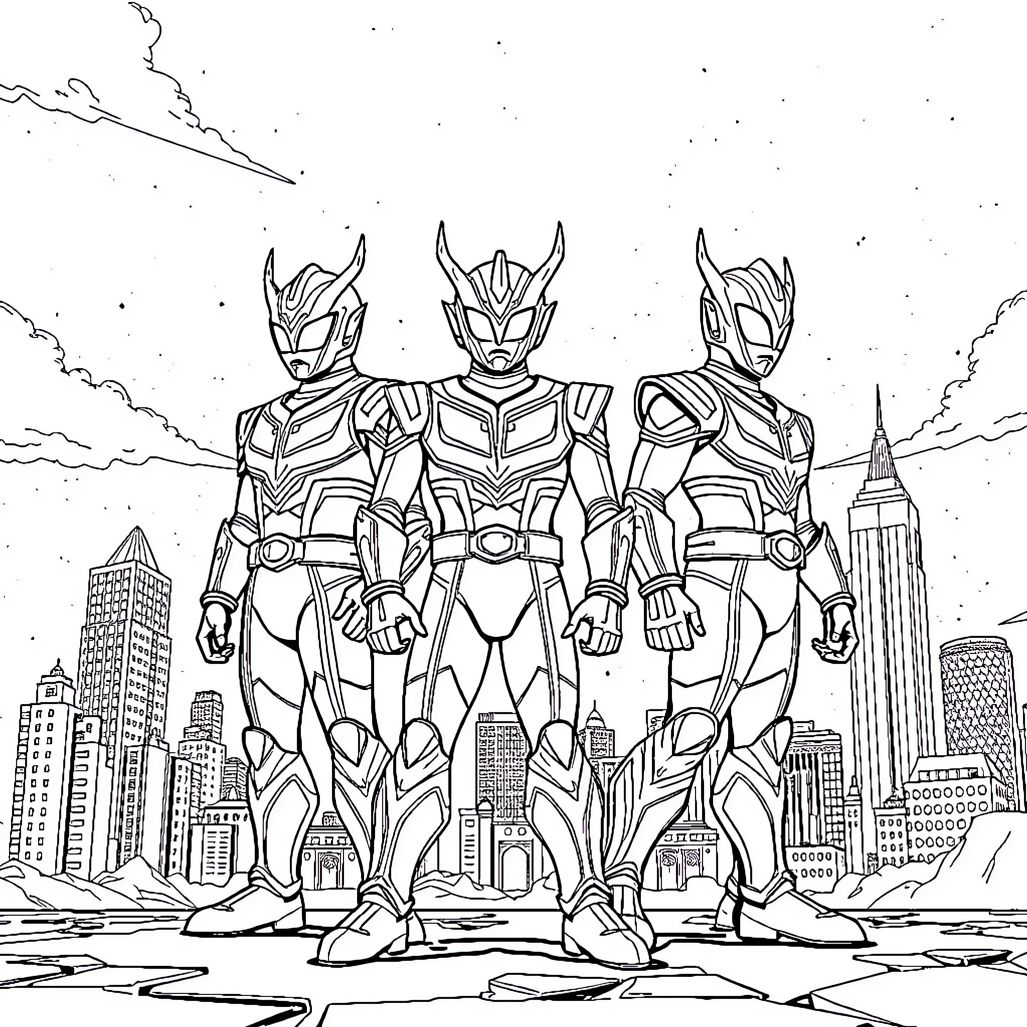 Ultraman trio ready for action in the city Coloring Page (free black-and-white line drawing printable PDF for all, from beginners to advanced learners, including children, teens, adults, and seniors)