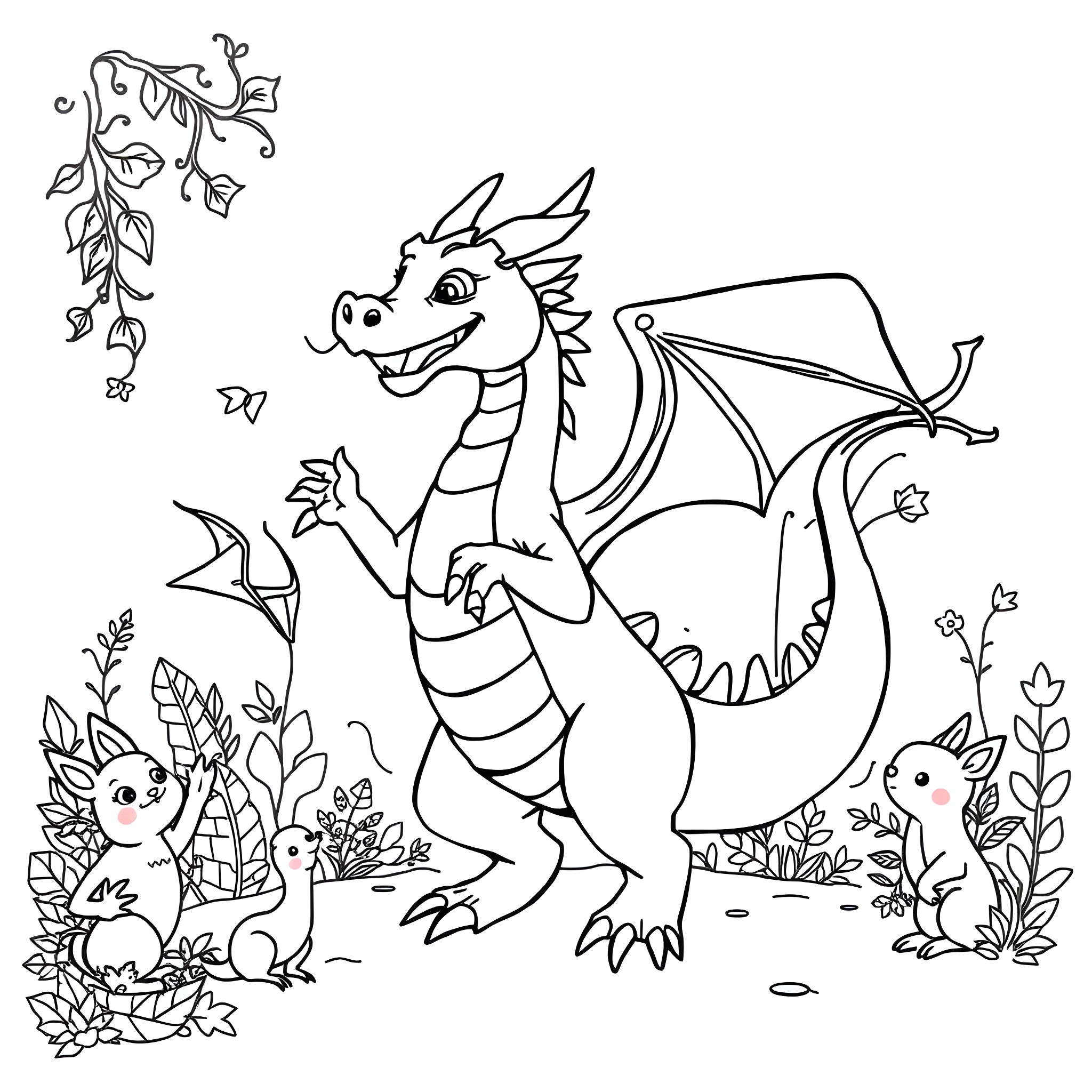 Dragon playing with forest creatures Coloring Page (free black-and-white line drawing printable PDF for all, from beginners to advanced learners, including children, teens, adults, and seniors)