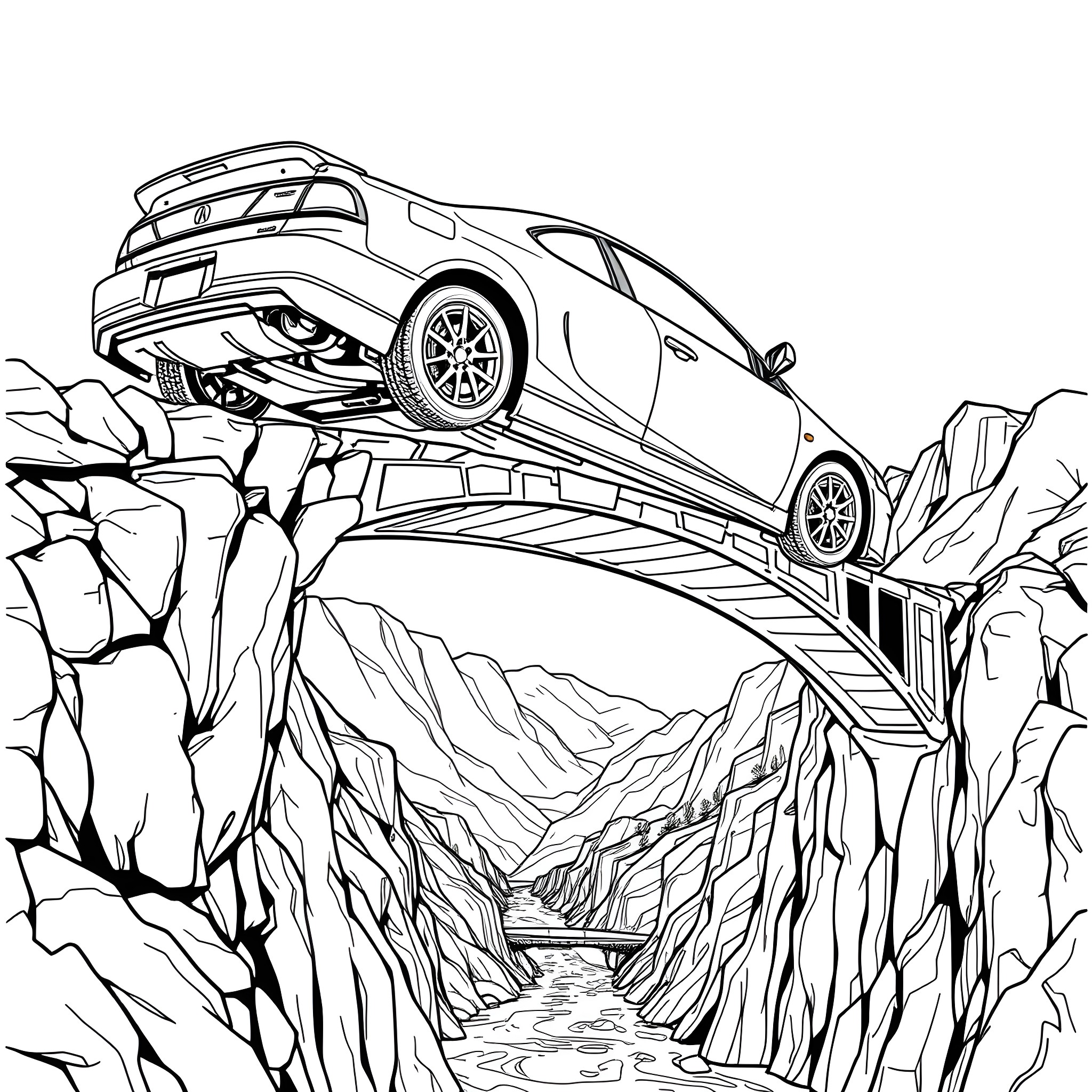 Acura Integra racing across a dangerous mountain cliff Coloring Page (free black-and-white line drawing printable PDF for all, from beginners to advanced learners, including children, teens, adults, and seniors)